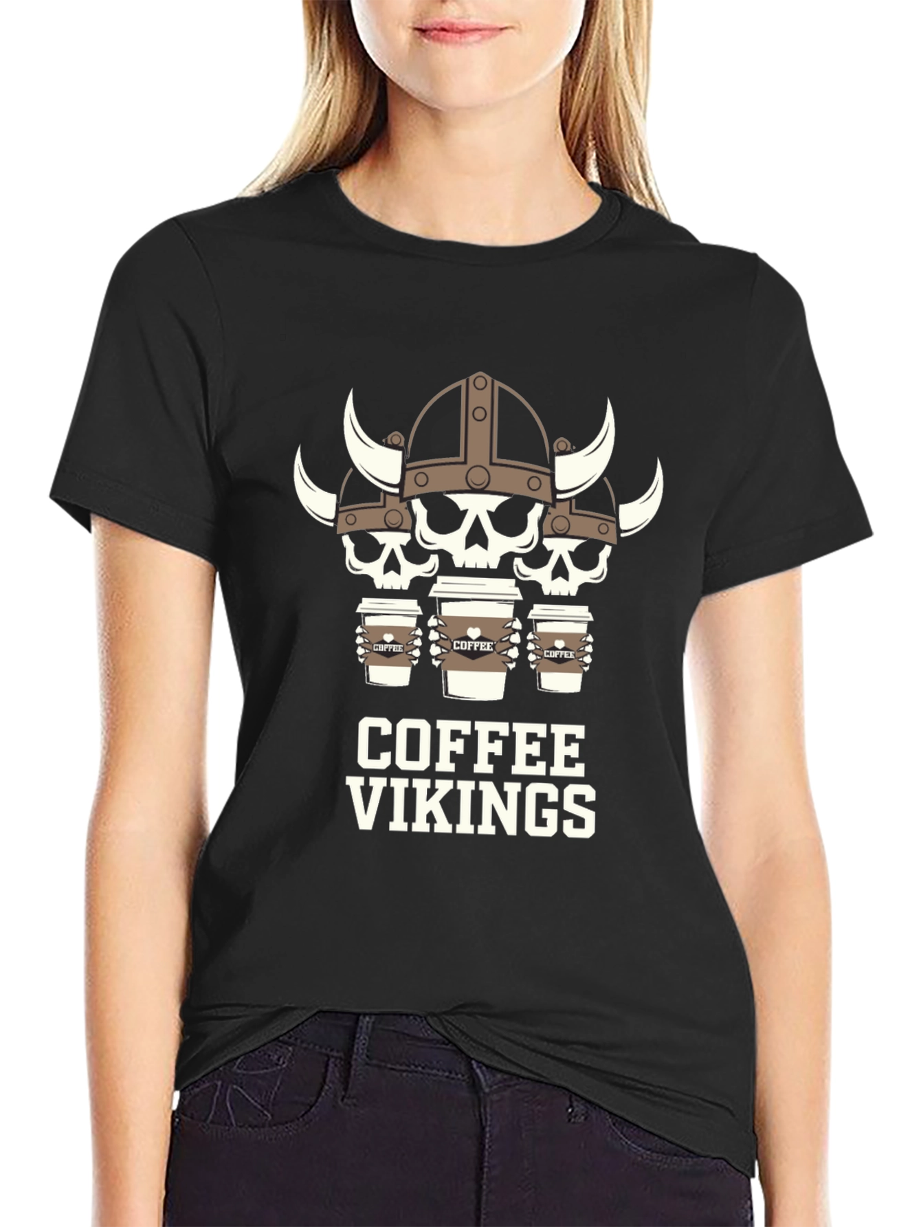 Camiseta Negra: Cráneos Vikingos Amantes del Café