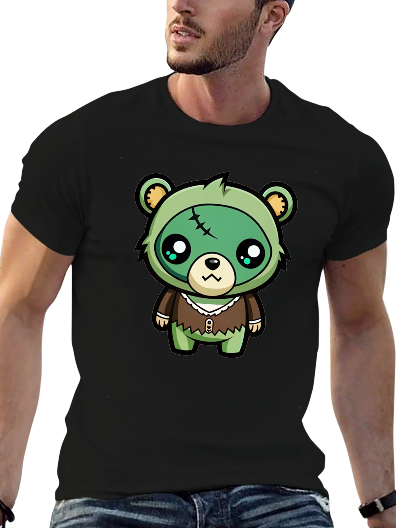 Camiseta Negra con Dibujo de Oso Zombie