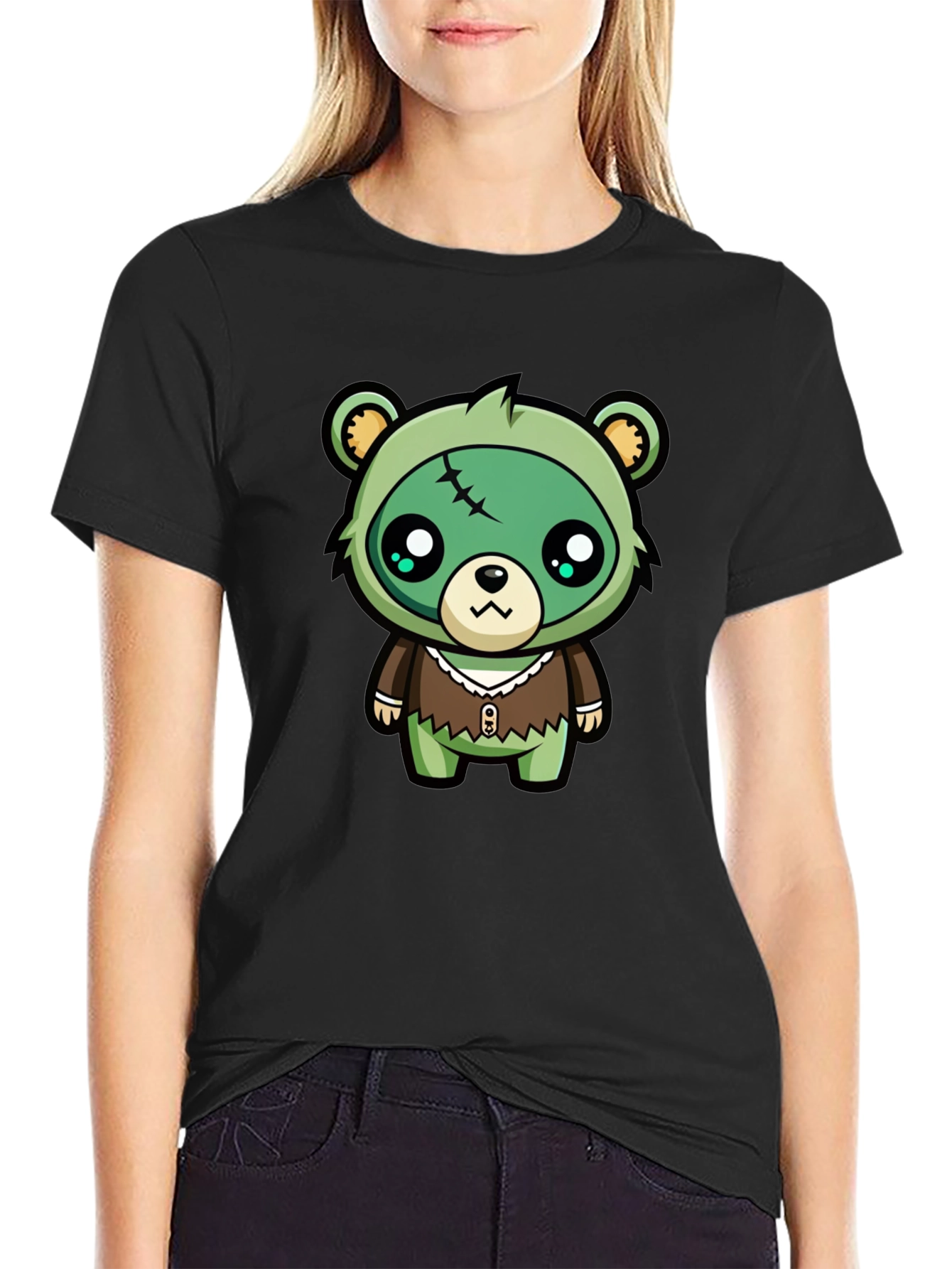 Camiseta Negra con Dibujo de Oso Zombie