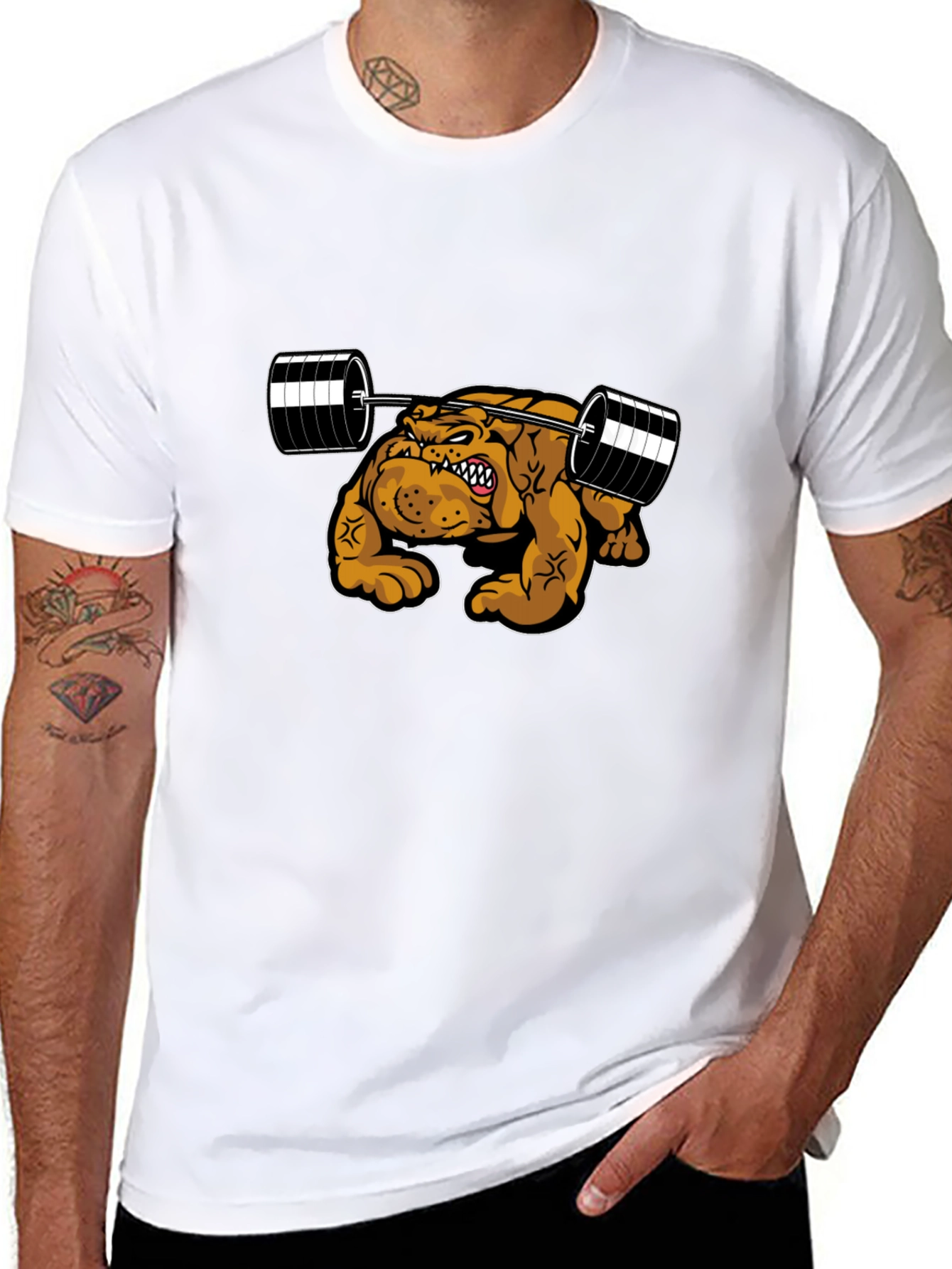 Camiseta Negra Bulldog Musculoso Levantando Pesas