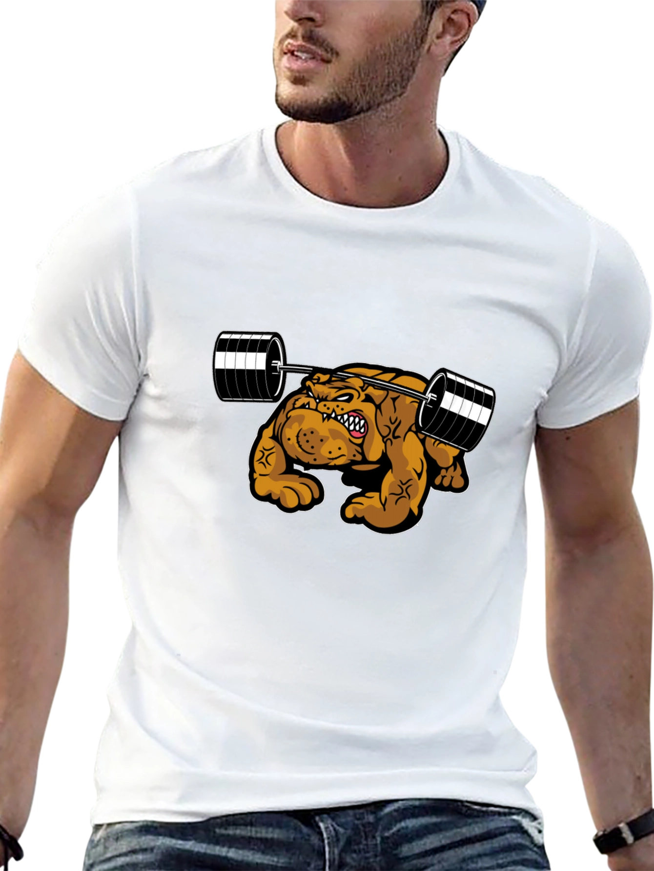 Camiseta Negra Bulldog Musculoso Levantando Pesas
