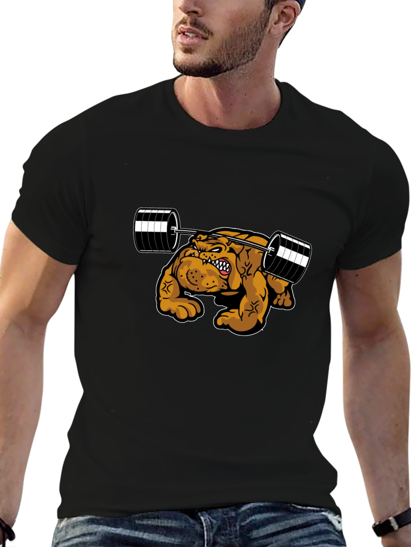 Camiseta Negra Bulldog Musculoso Levantando Pesas