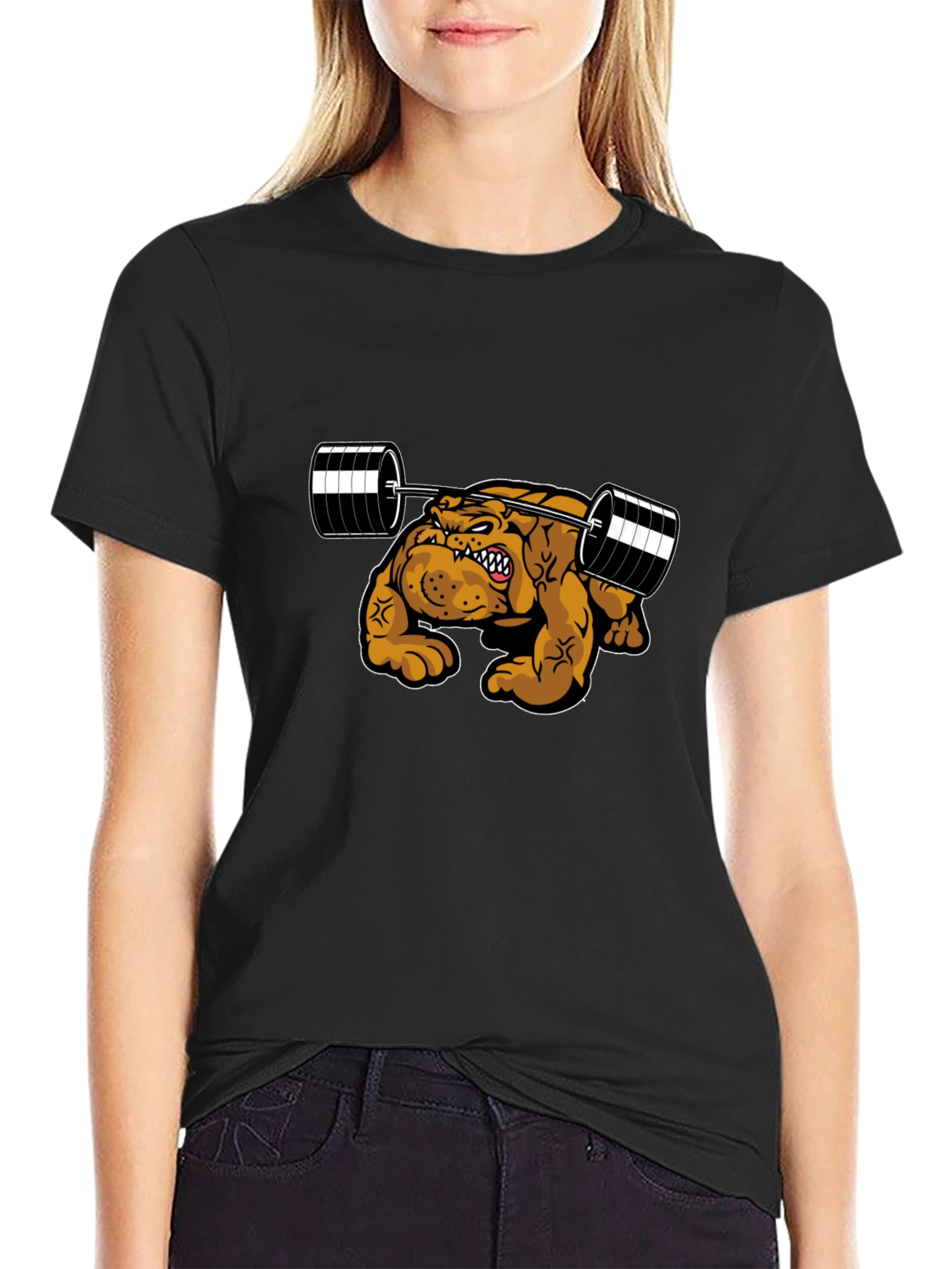 Camiseta Negra Bulldog Musculoso Levantando Pesas