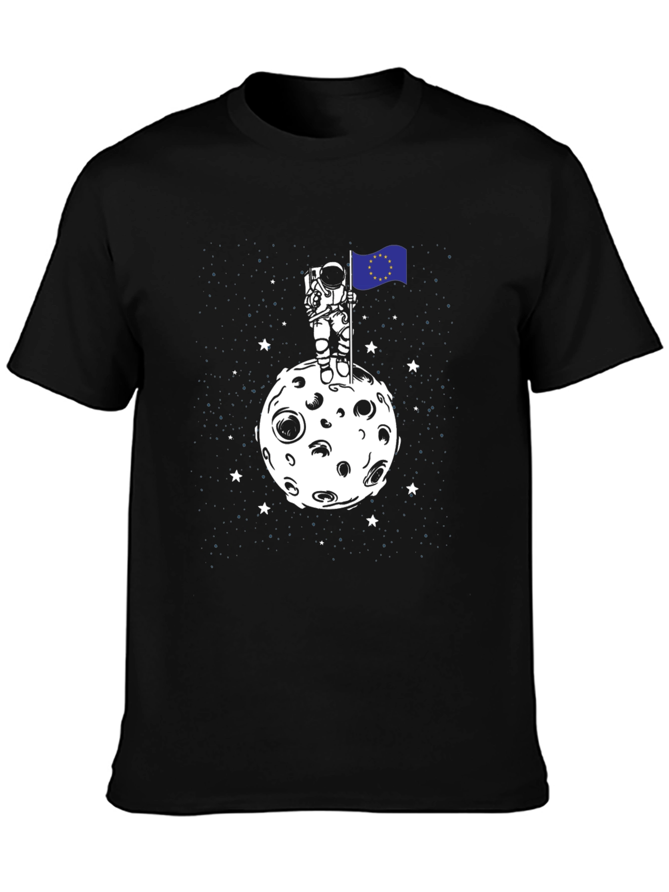 Camiseta Hombre Astronauta Luna Bandera UE Negro Algodón