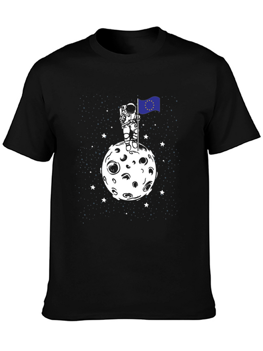 Camiseta Hombre Astronauta Luna Bandera UE Negro Algodón