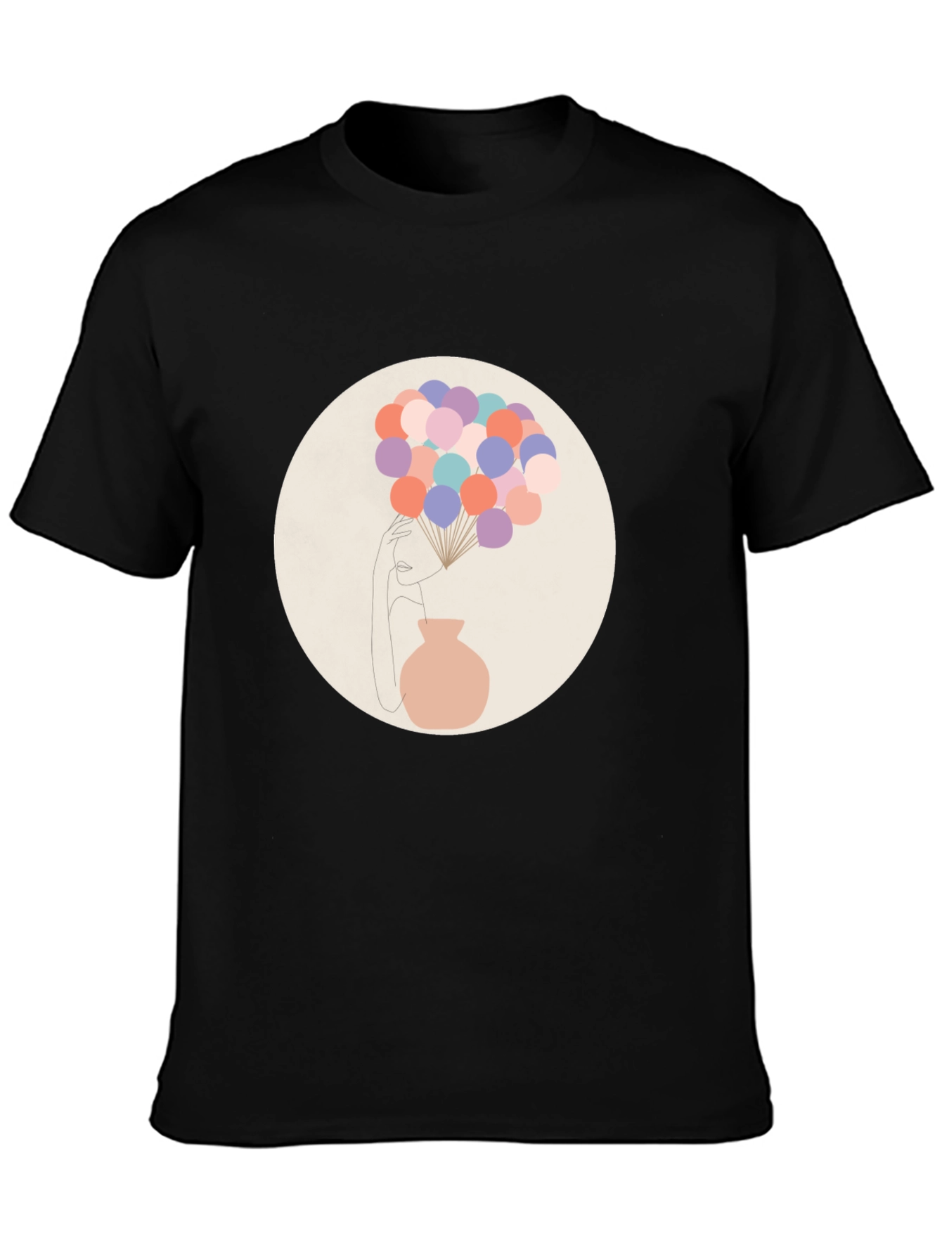 Camiseta Negra con Diseño Abstracto de Mujer y Globos