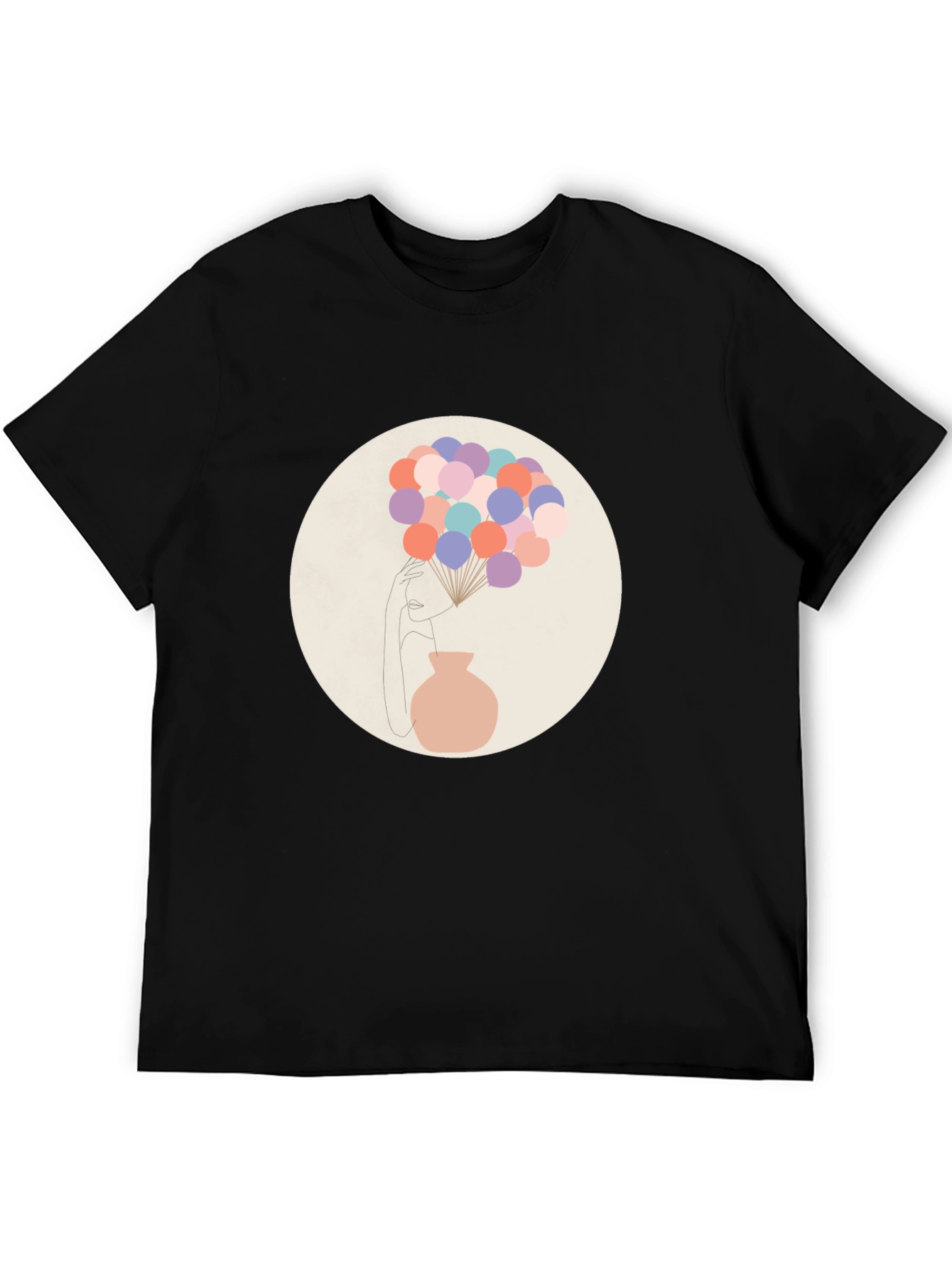 Camiseta Negra con Diseño Abstracto de Mujer y Globos