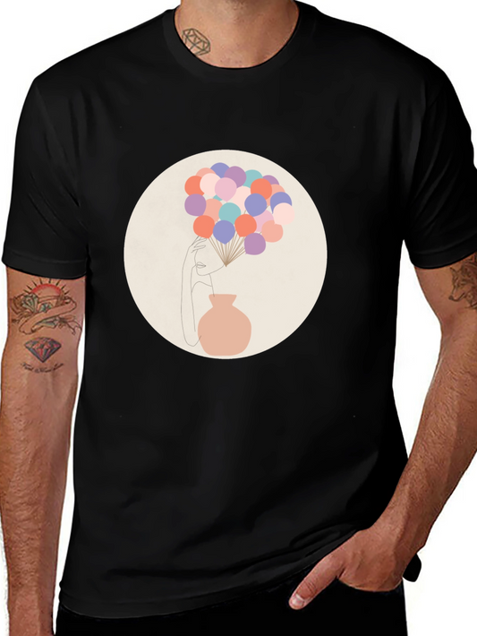 Camiseta Negra con Diseño Abstracto de Mujer y Globos