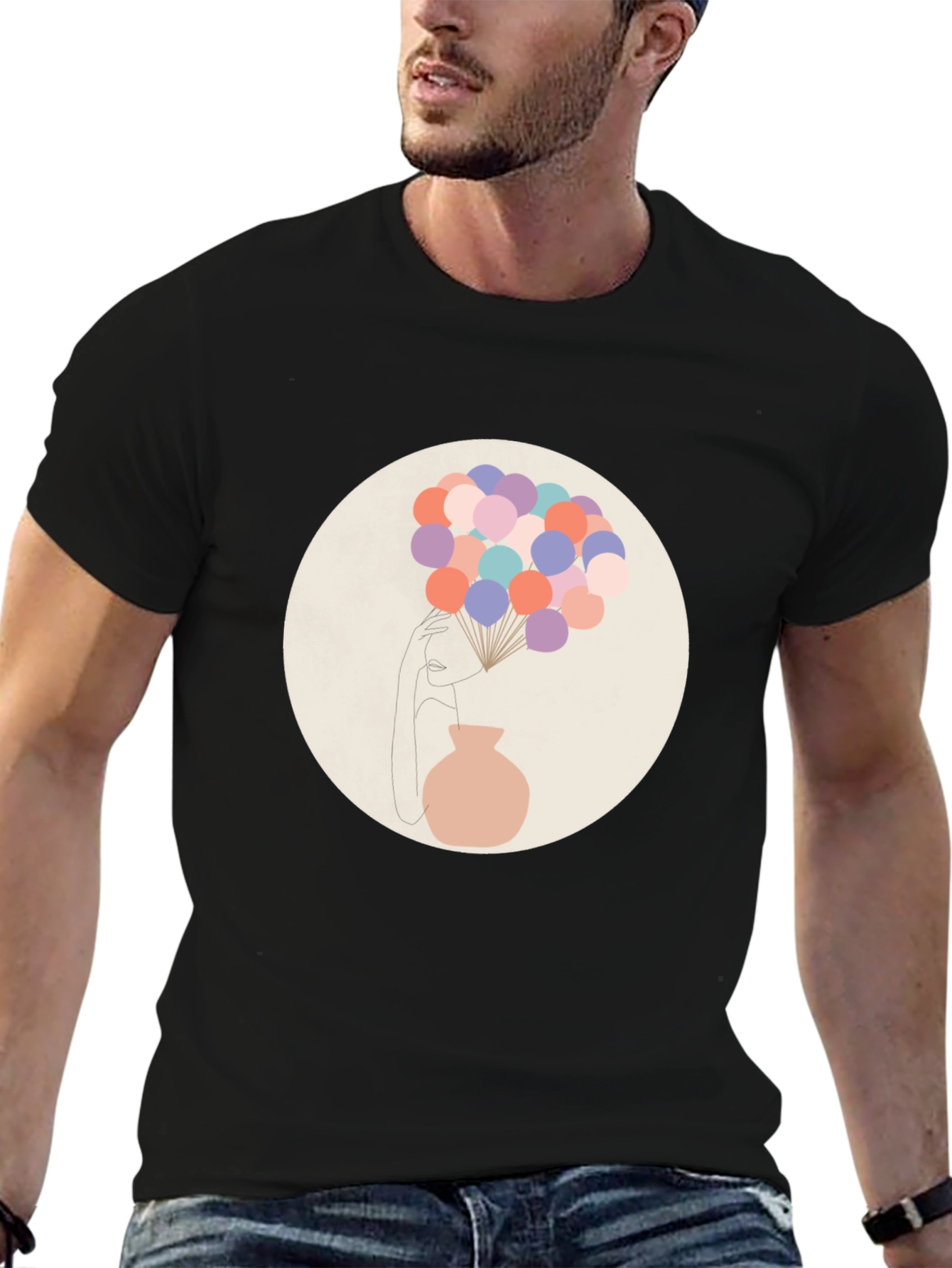 Camiseta Negra con Diseño Abstracto de Mujer y Globos