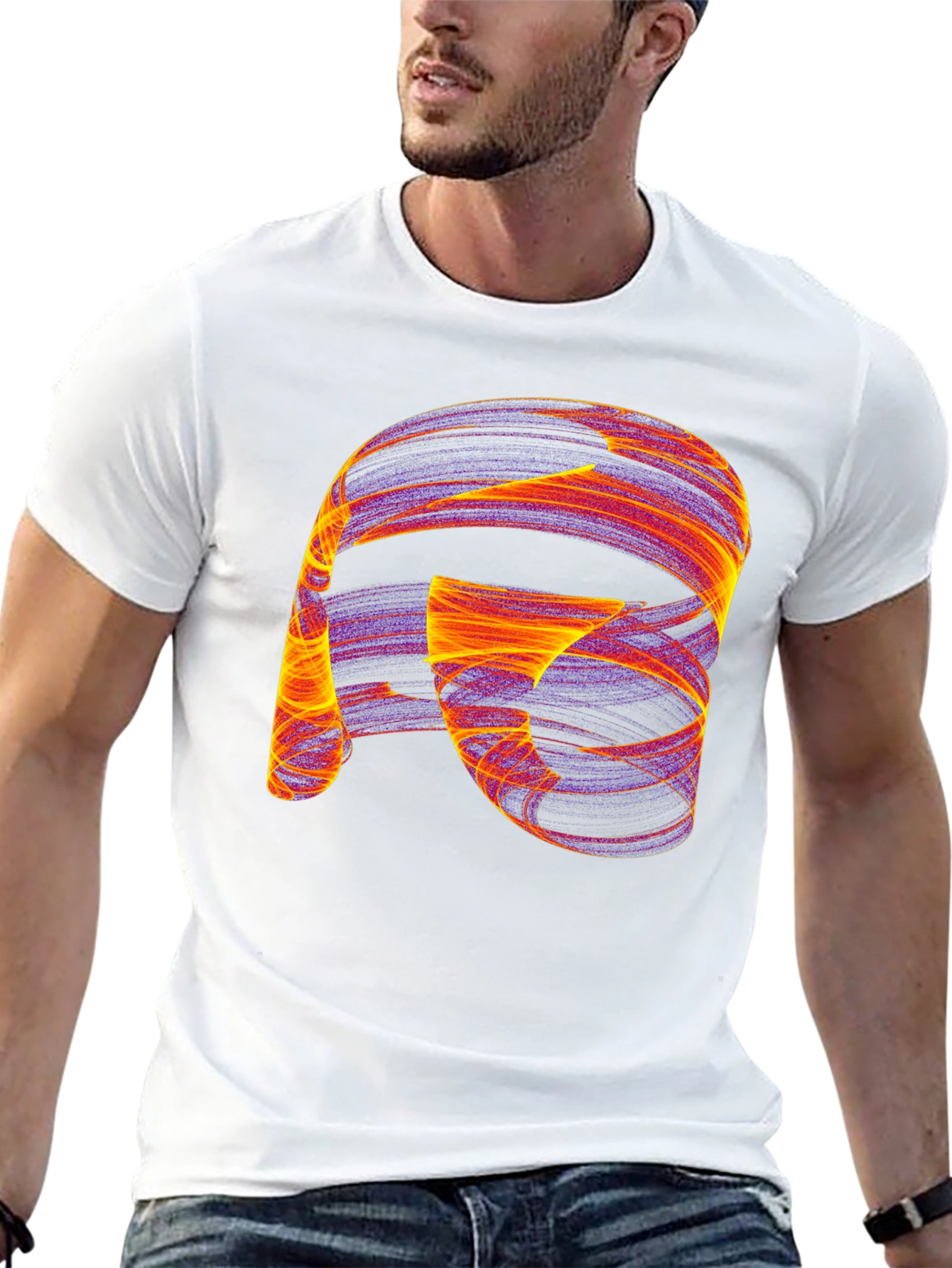Camiseta Negra con Diseño Abstracto Naranja y Violeta