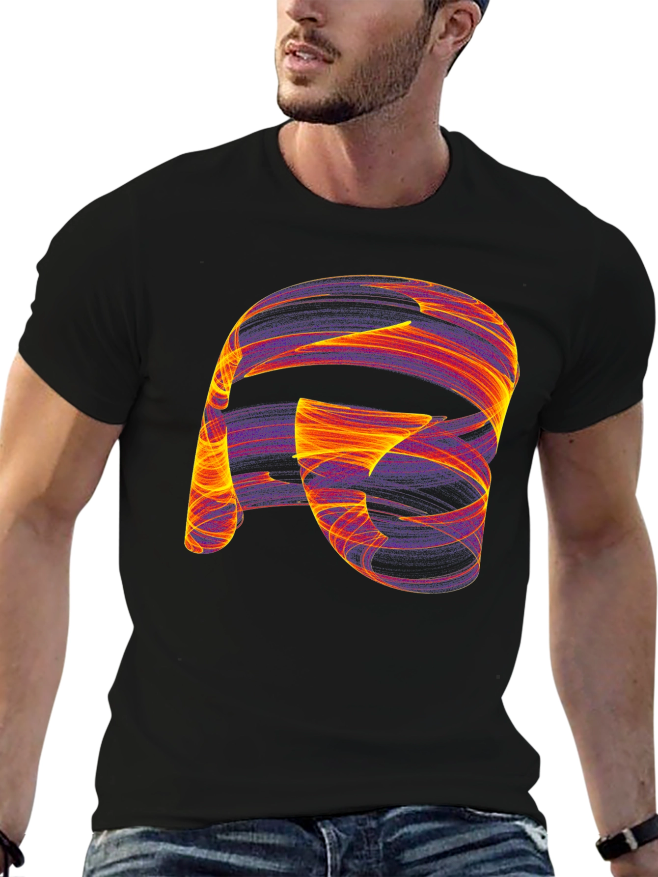 Camiseta Negra con Diseño Abstracto Naranja y Violeta