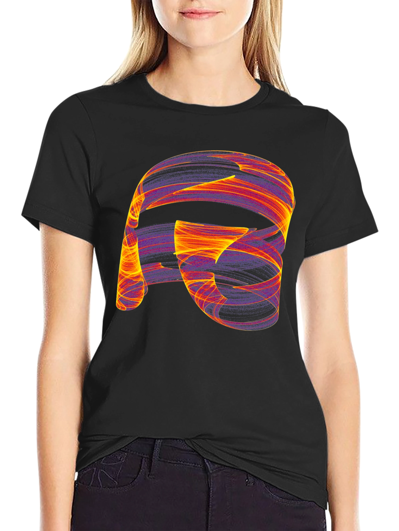 Camiseta Negra con Diseño Abstracto Naranja y Violeta