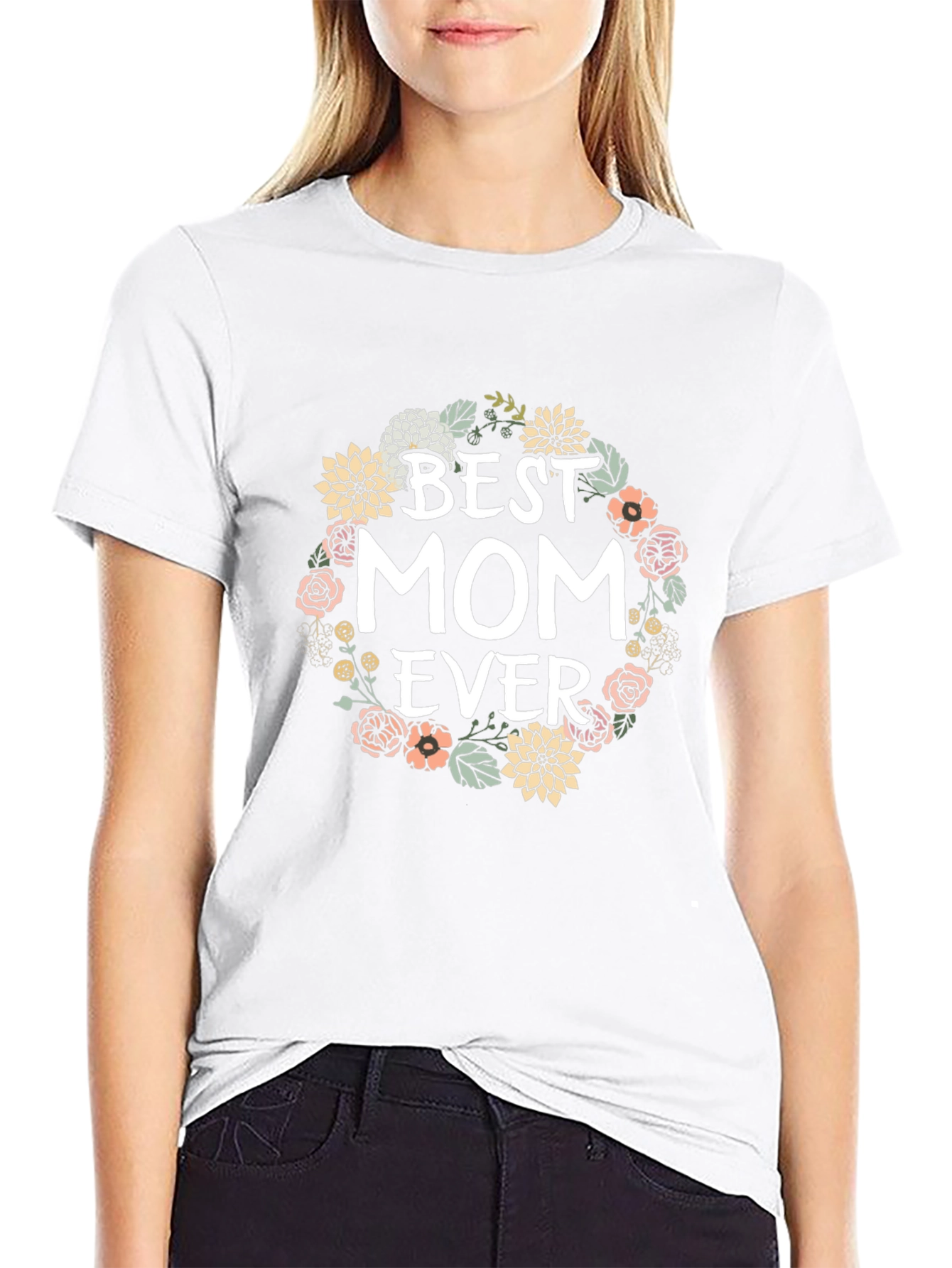 Camiseta Negra Best Mom Ever con Flores