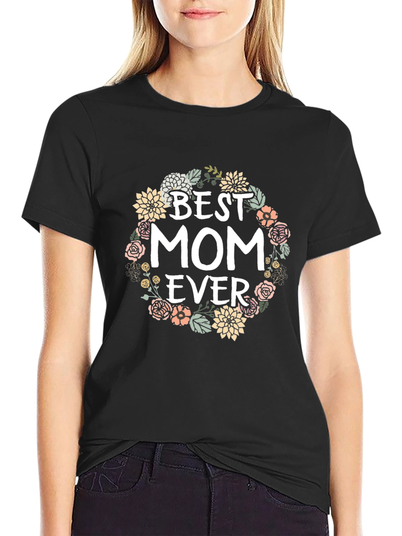 Camiseta Negra Best Mom Ever con Flores