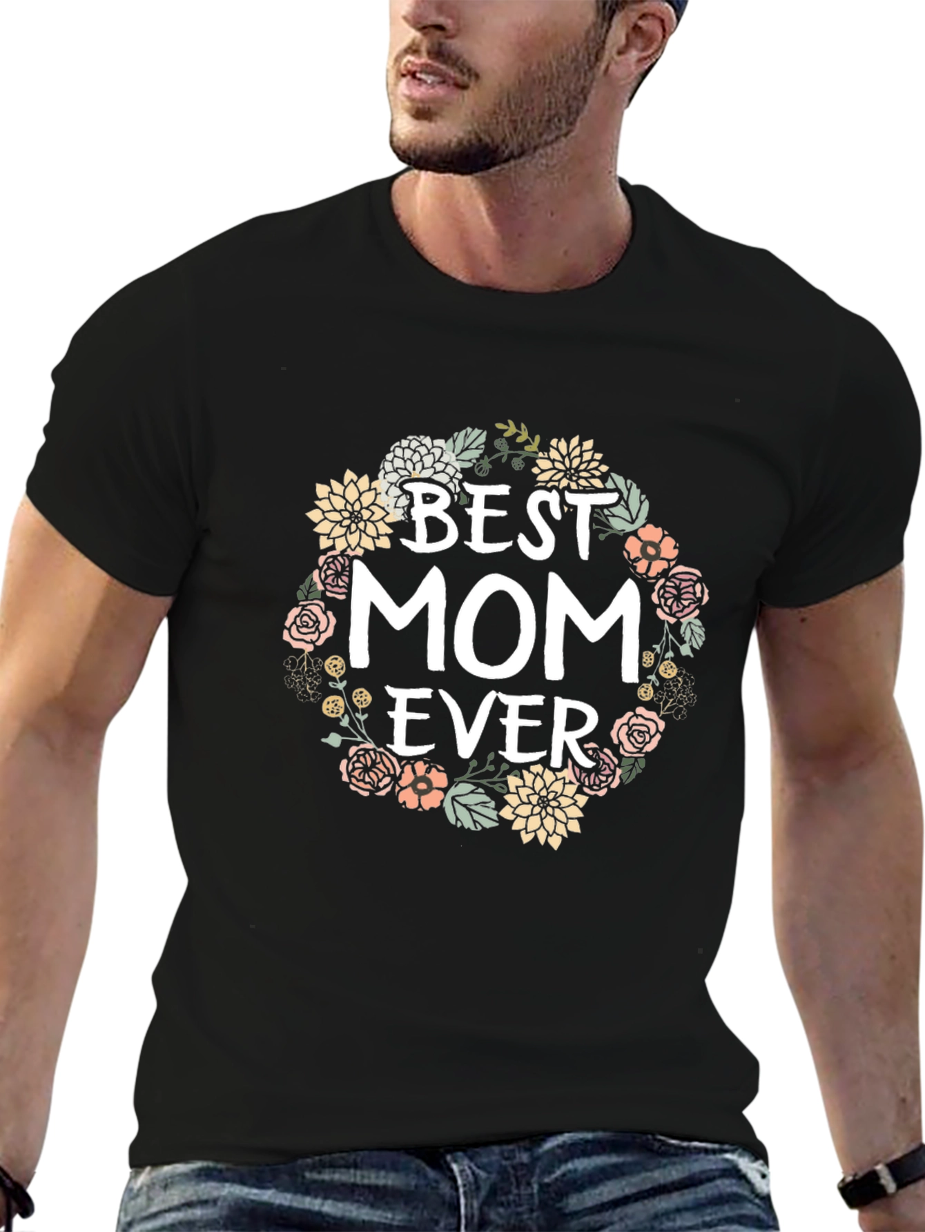 Camiseta Negra Best Mom Ever con Flores