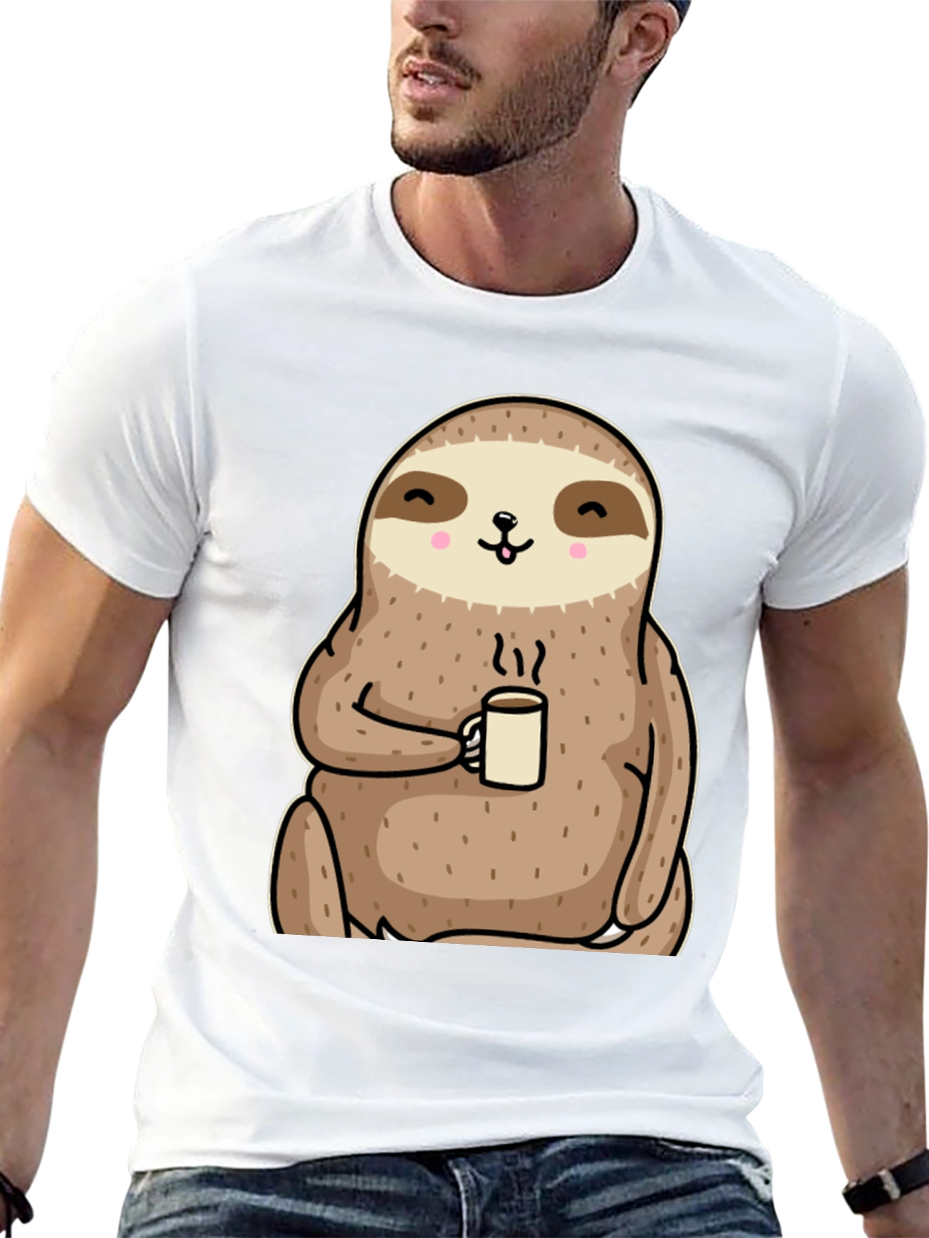 Camiseta con diseño de perezoso tomando café