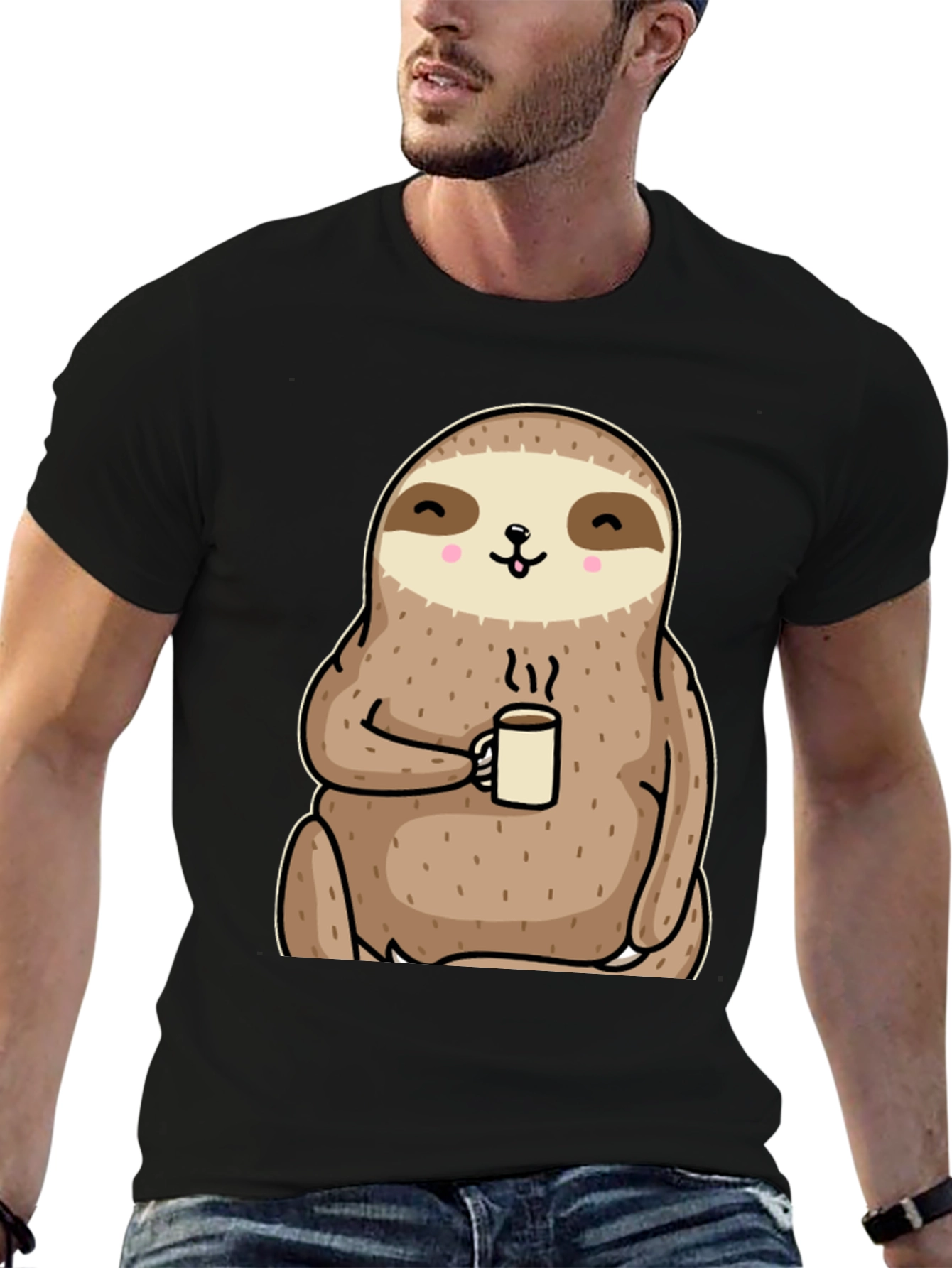 Camiseta con diseño de perezoso tomando café