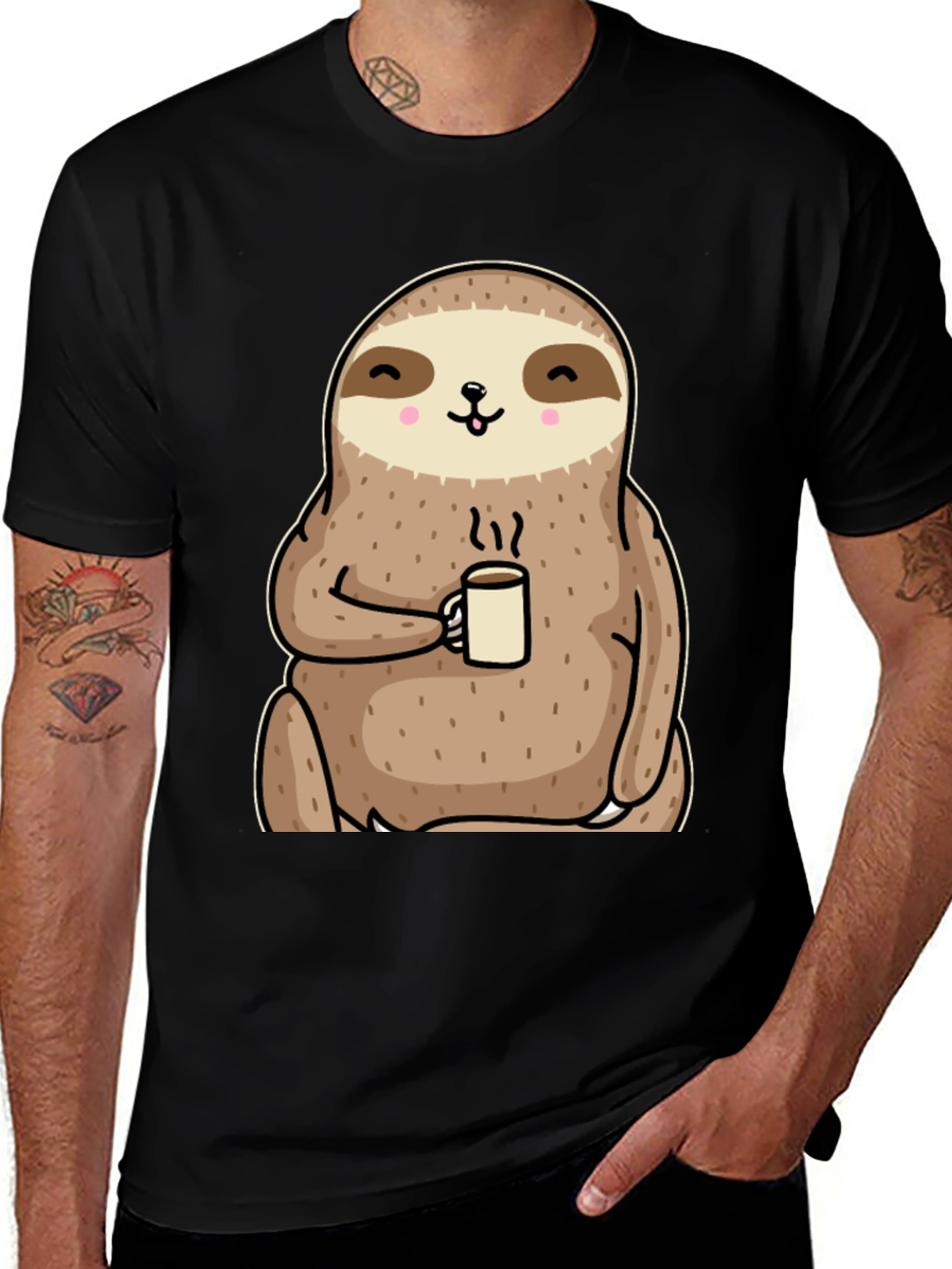 Camiseta con diseño de perezoso tomando café