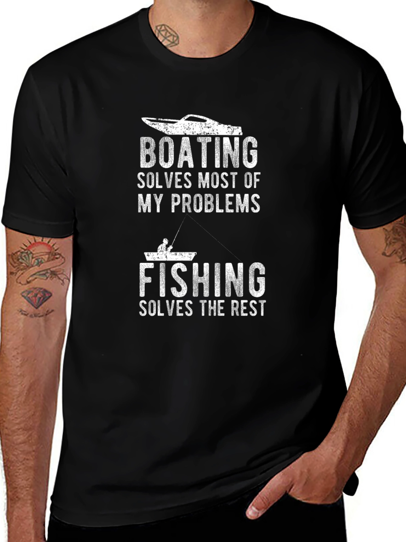 Camiseta Negra: Boating Solves Problems Fishing the Rest