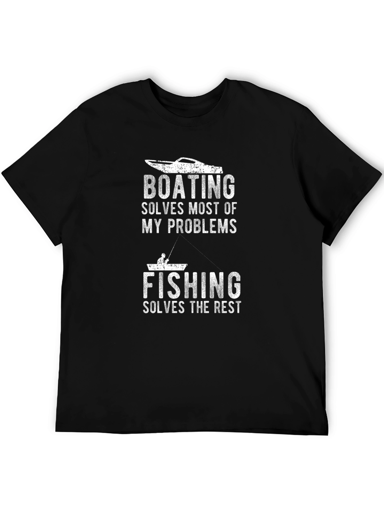 Camiseta Negra: Boating Solves Problems Fishing the Rest
