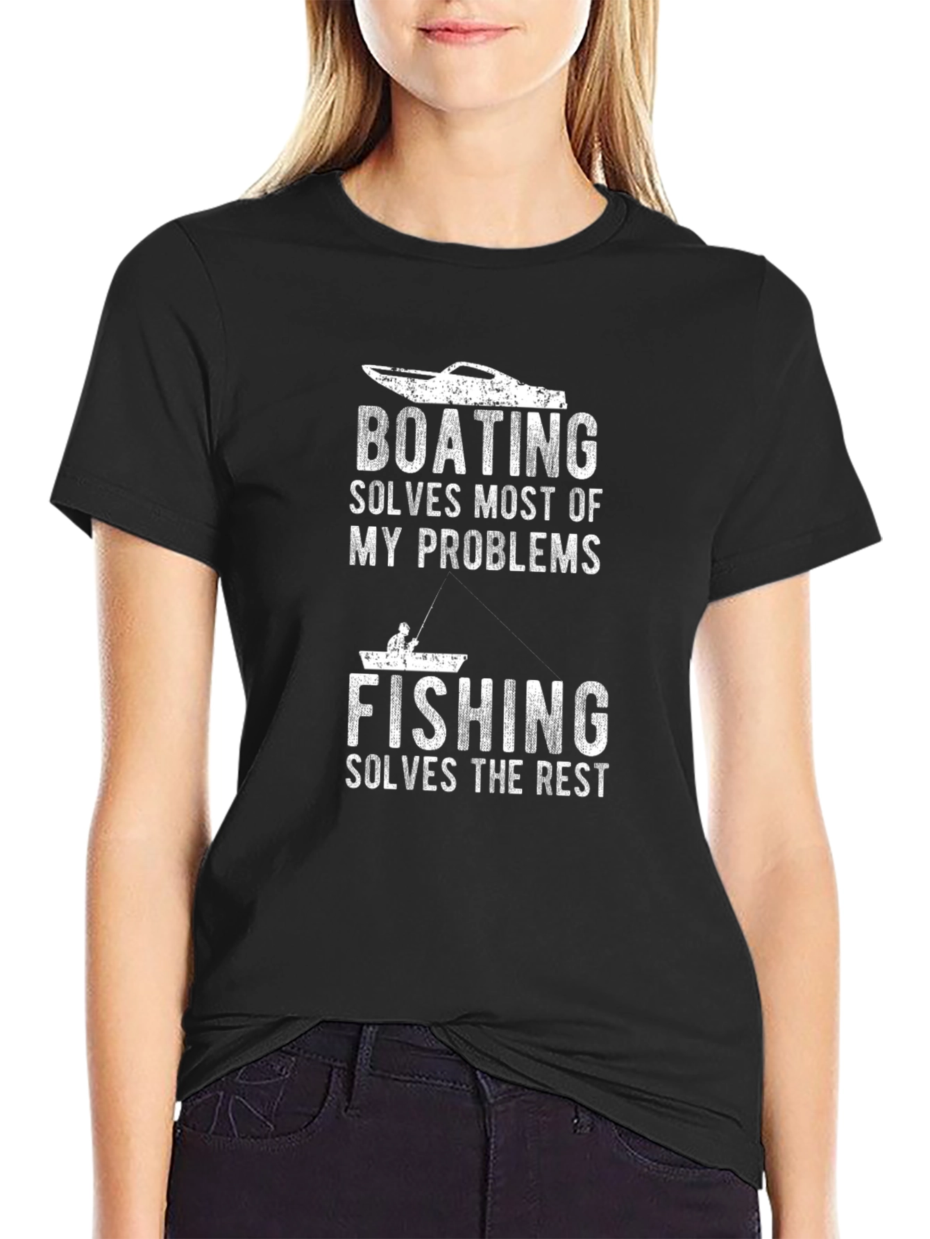 Camiseta Negra: Boating Solves Problems Fishing the Rest