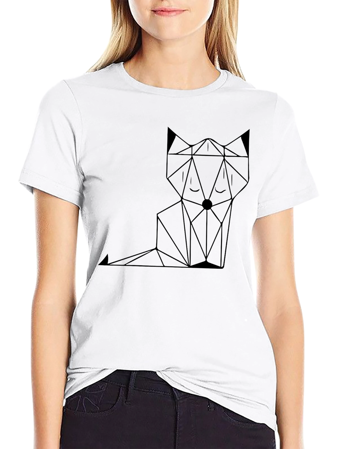 Camiseta Negra Algodón Diseño Zorro Geométrico