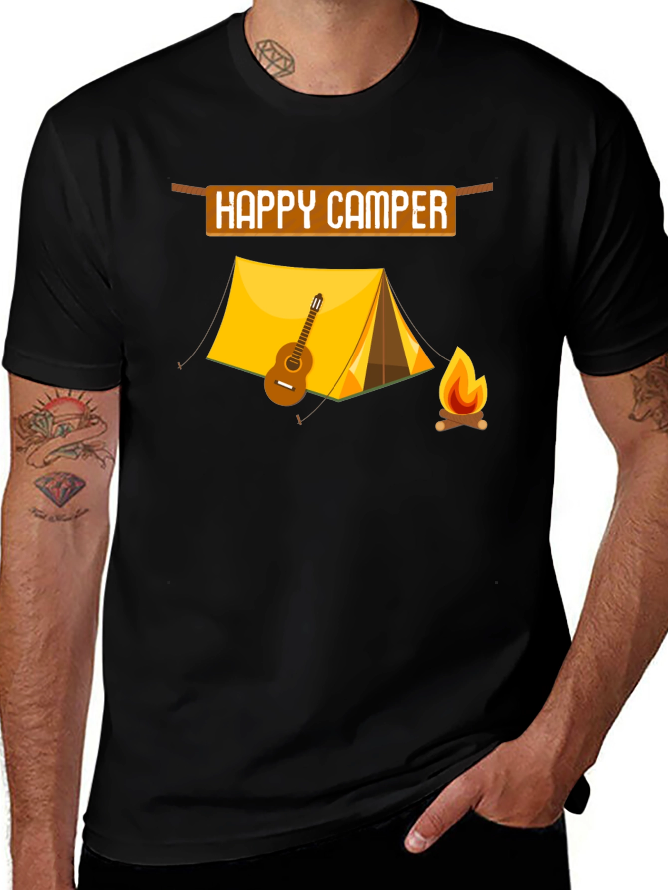 Camiseta Negra Happy Camper con Diseño de Camping