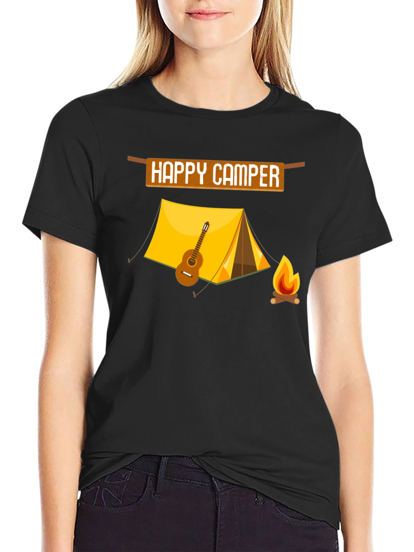 Camiseta Negra Happy Camper con Diseño de Camping