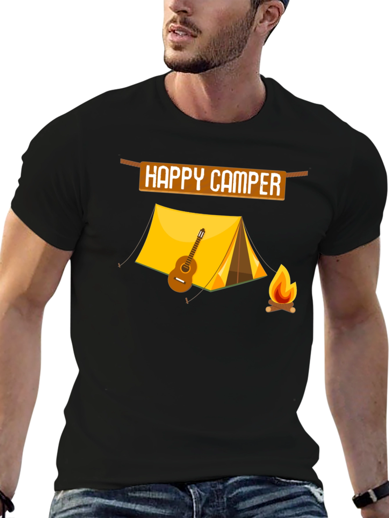 Camiseta Negra Happy Camper con Diseño de Camping