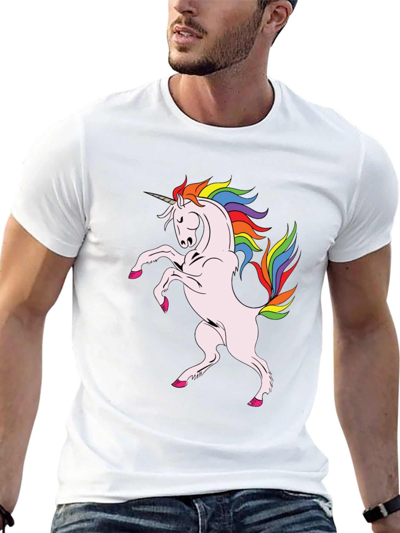 Camiseta Negra Unicornio Arcoíris Hombre