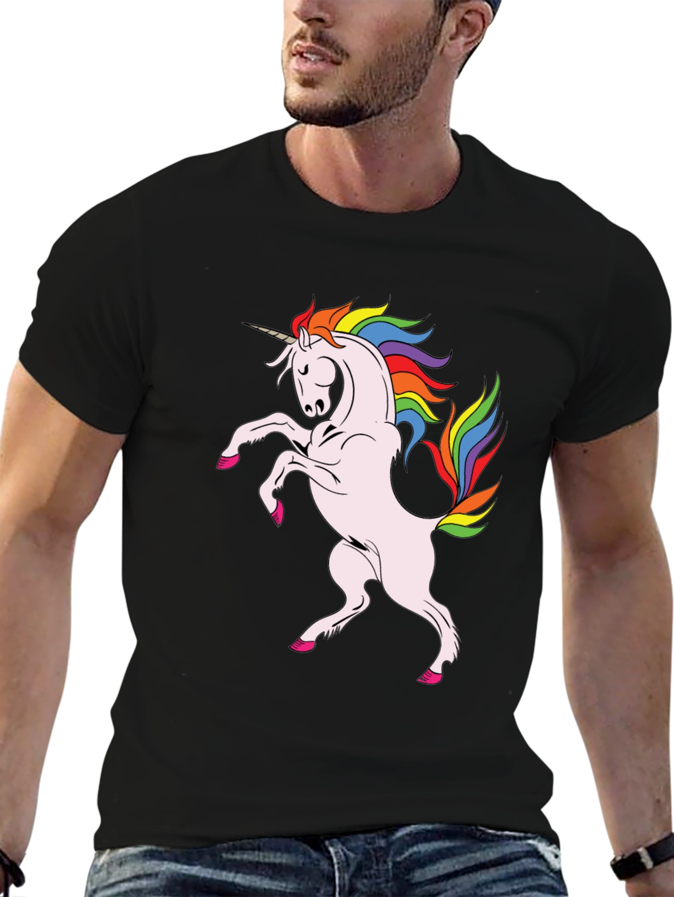 Camiseta Negra Unicornio Arcoíris Hombre