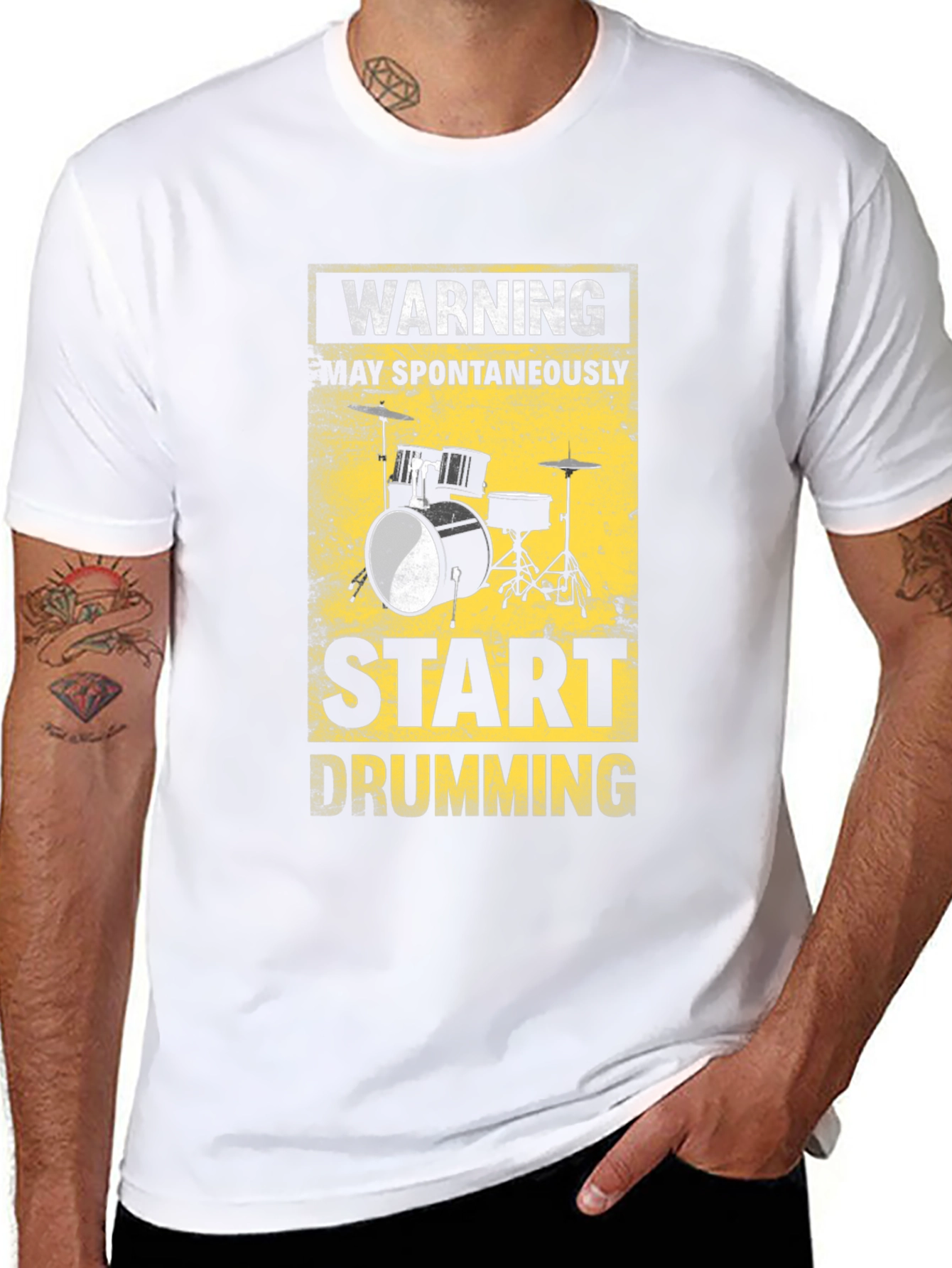Camiseta Negra Warning: Start Drumming para Músicos