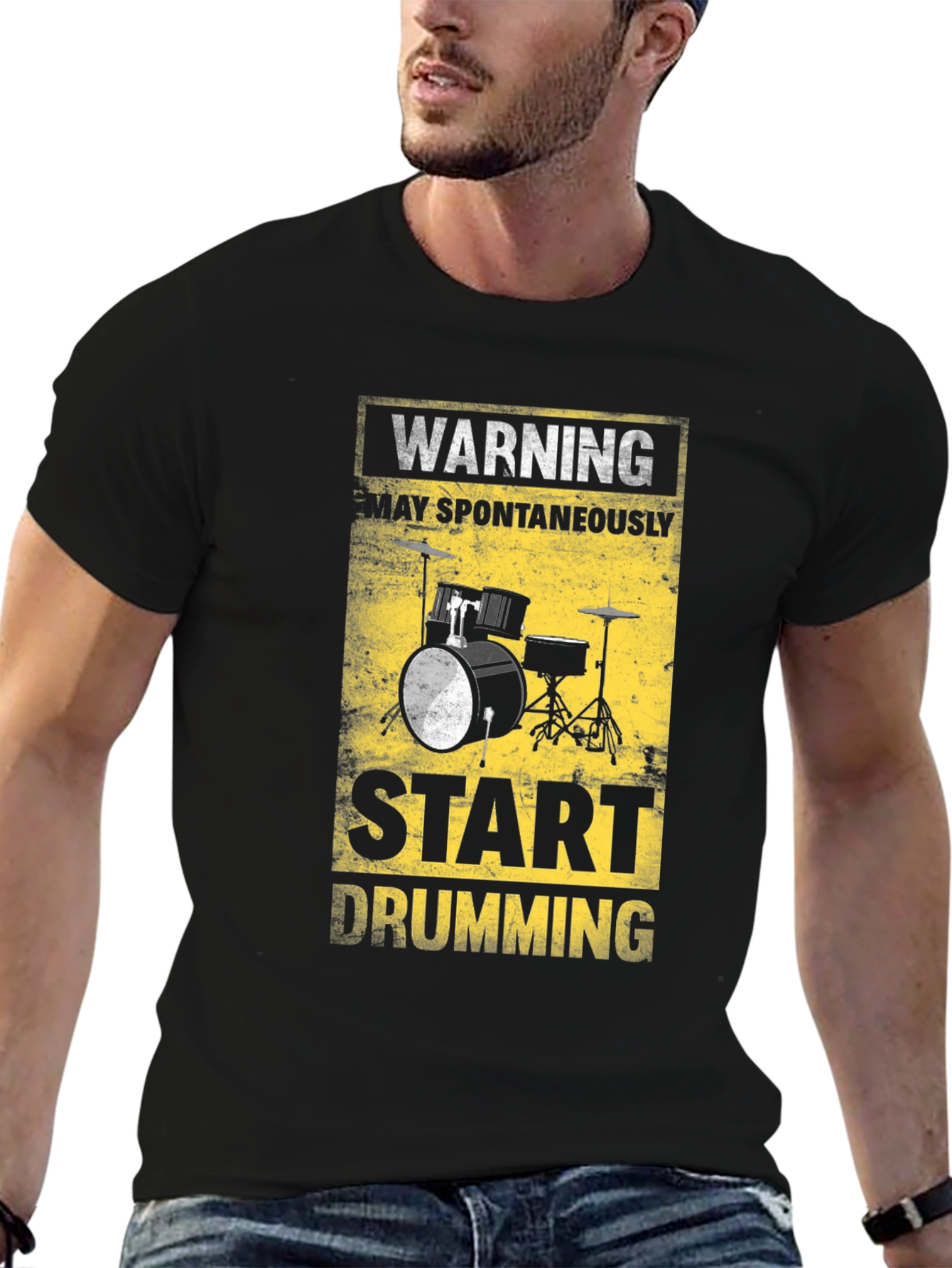 Camiseta Negra Warning: Start Drumming para Músicos