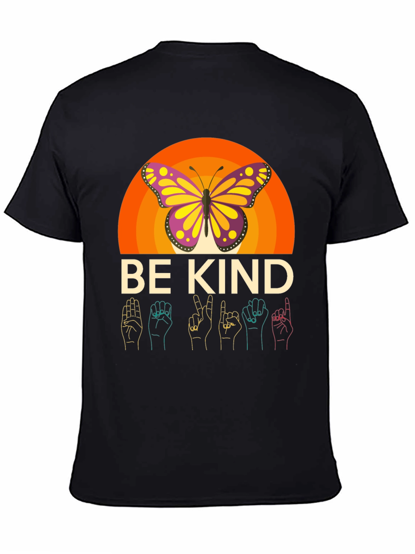 Camiseta Negra Be Kind Mariposa y Lenguaje de Señas