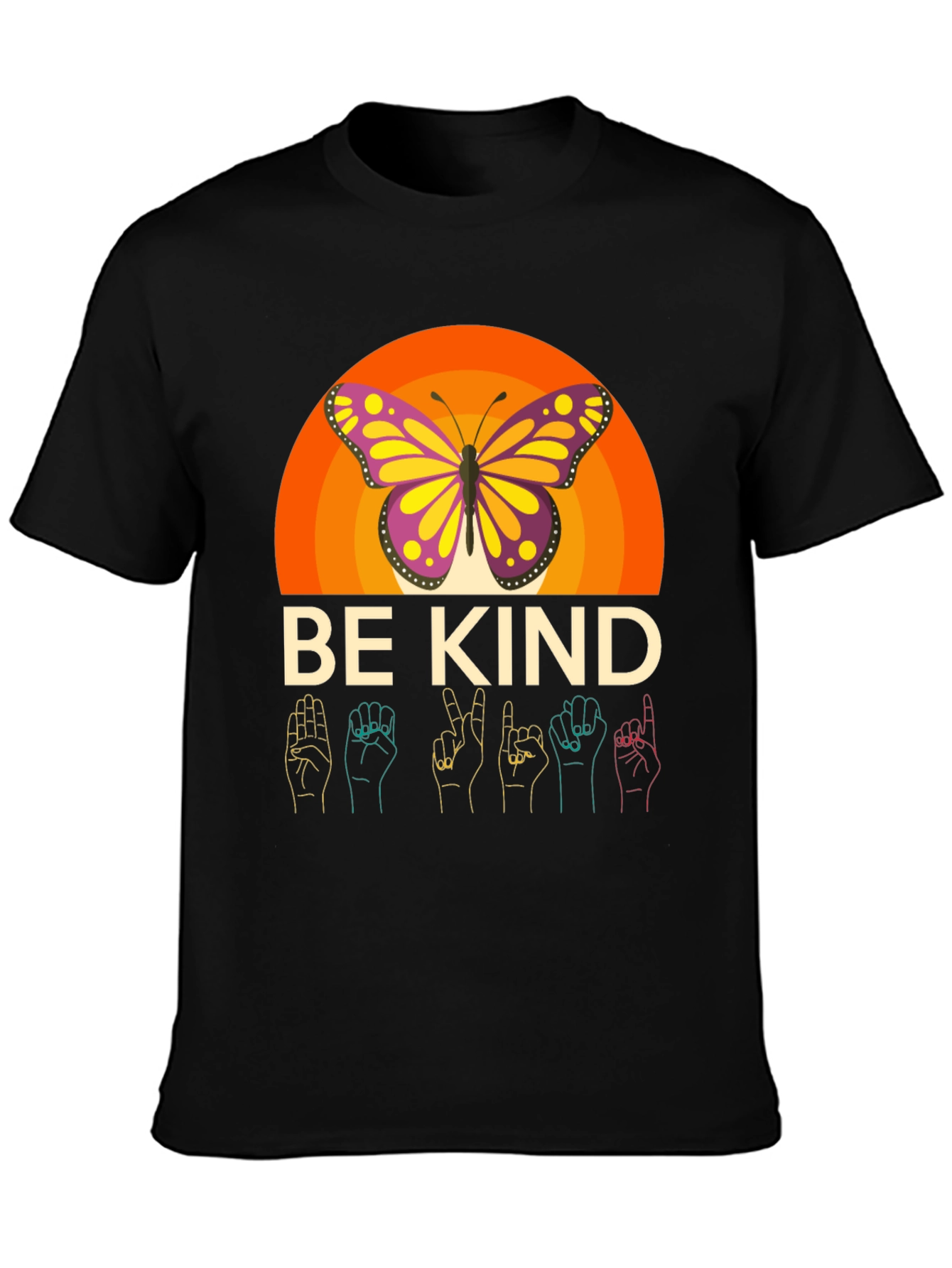 Camiseta Negra Be Kind Mariposa y Lenguaje de Señas
