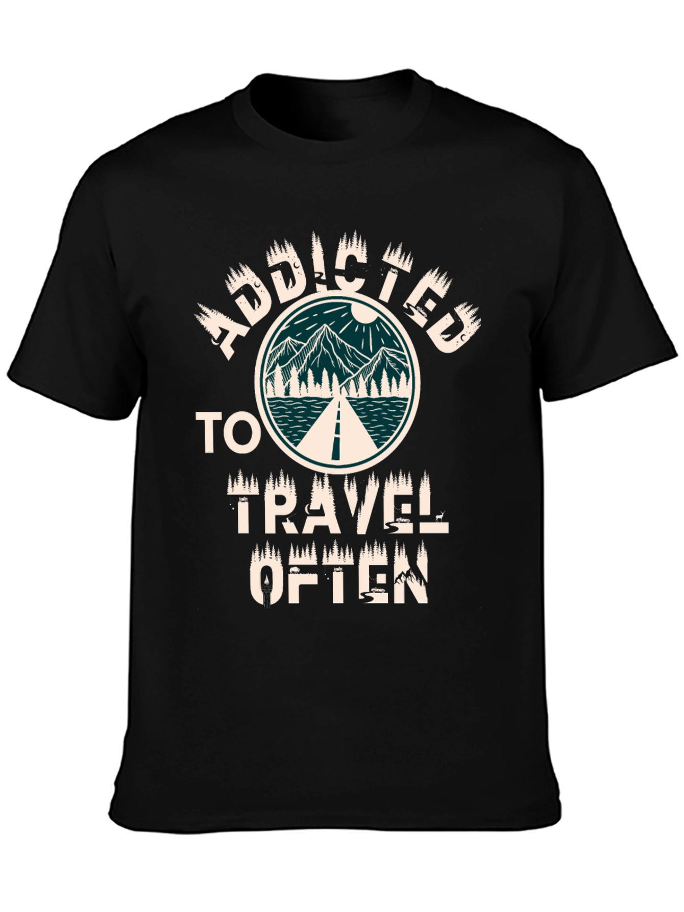 Camiseta Negra Adicto a Viajar con Diseño Montaña