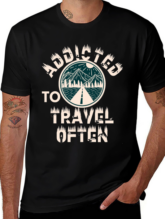 Camiseta Negra Adicto a Viajar con Diseño Montaña