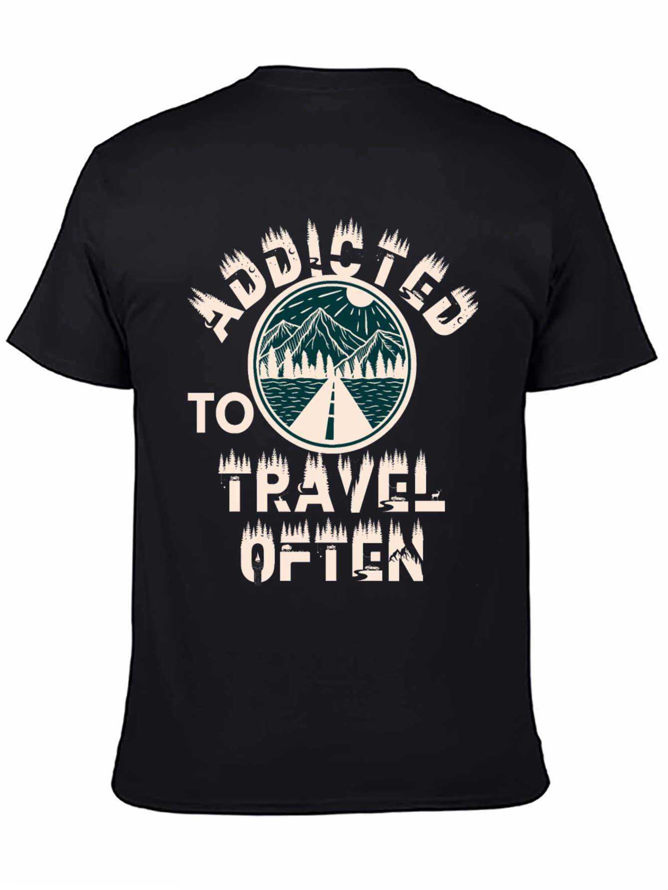 Camiseta Negra Adicto a Viajar con Diseño Montaña