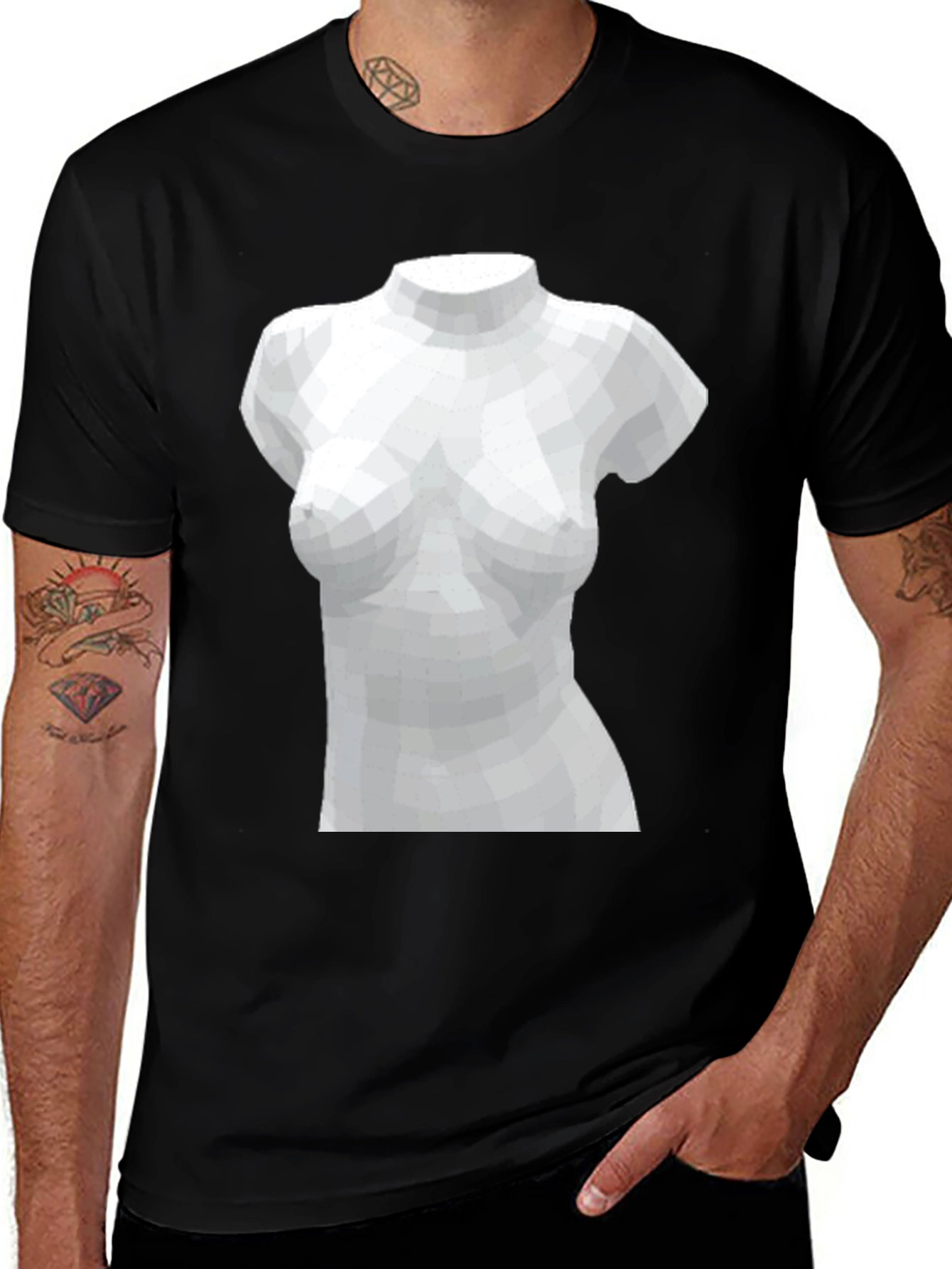 Camiseta Negra con Diseño Abstracto de Busto Femenino