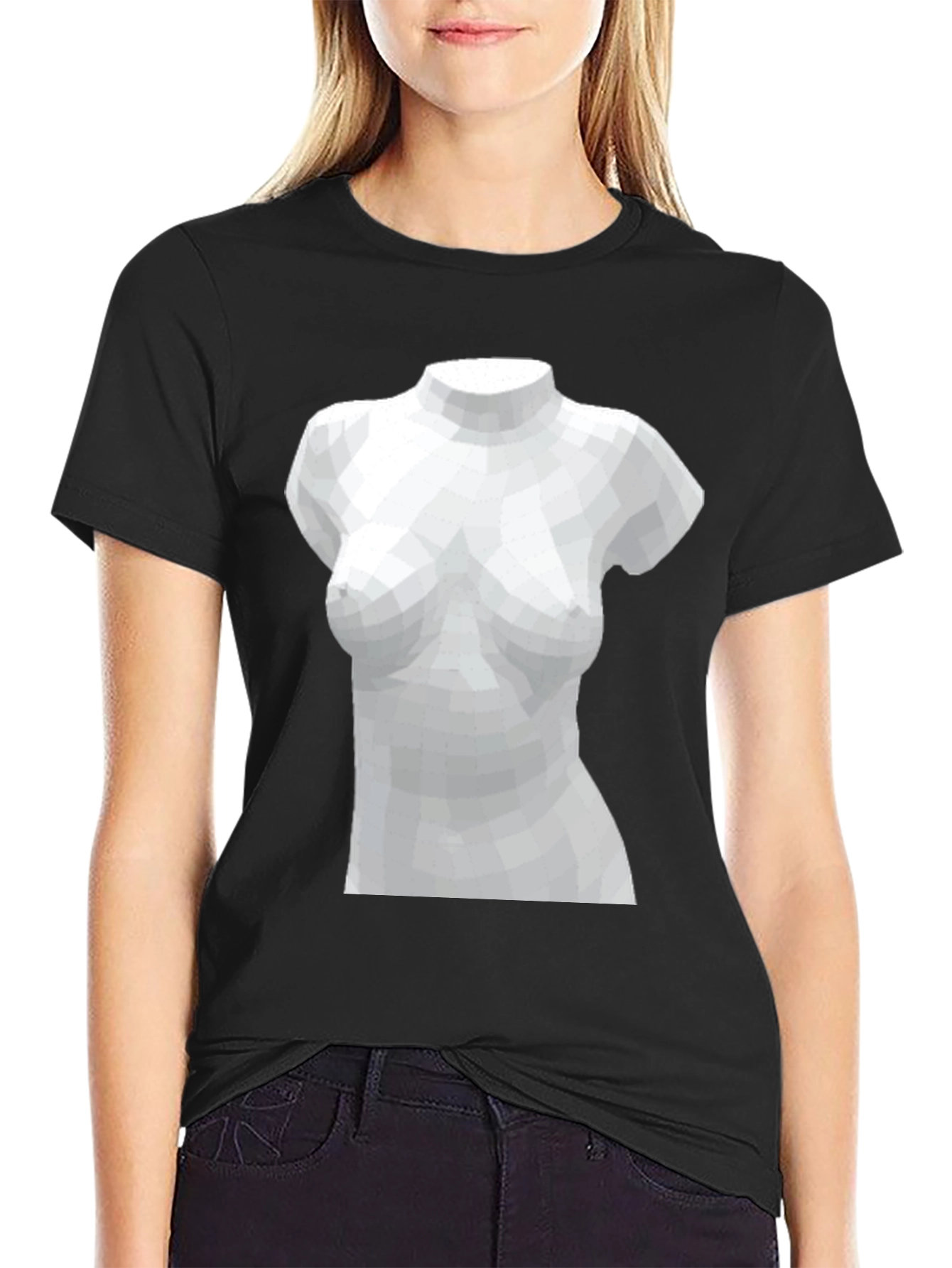 Camiseta Negra con Diseño Abstracto de Busto Femenino