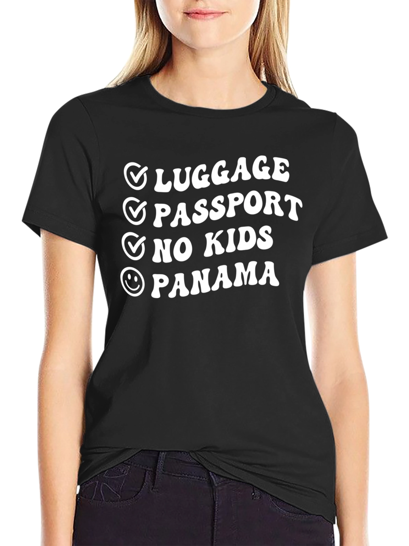Camiseta Negra Vacaciones: Equipaje Pasaporte ¡Sin Niños Panamá!