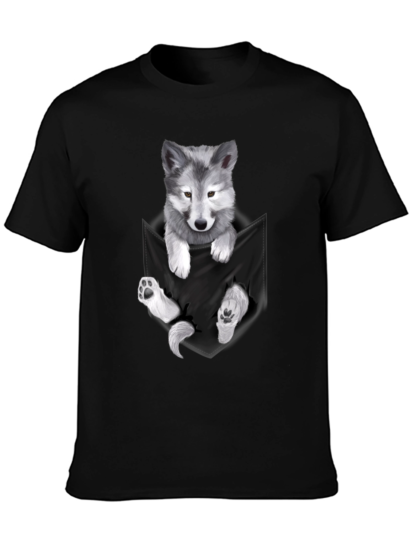 Wolf Pup Pocket Print T-Shirt - Black