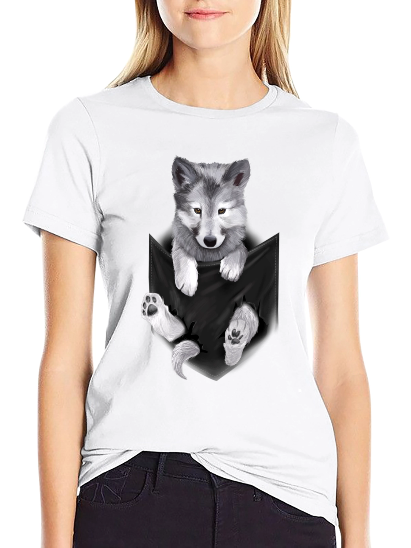 Wolf Pup Pocket Print T-Shirt - Black