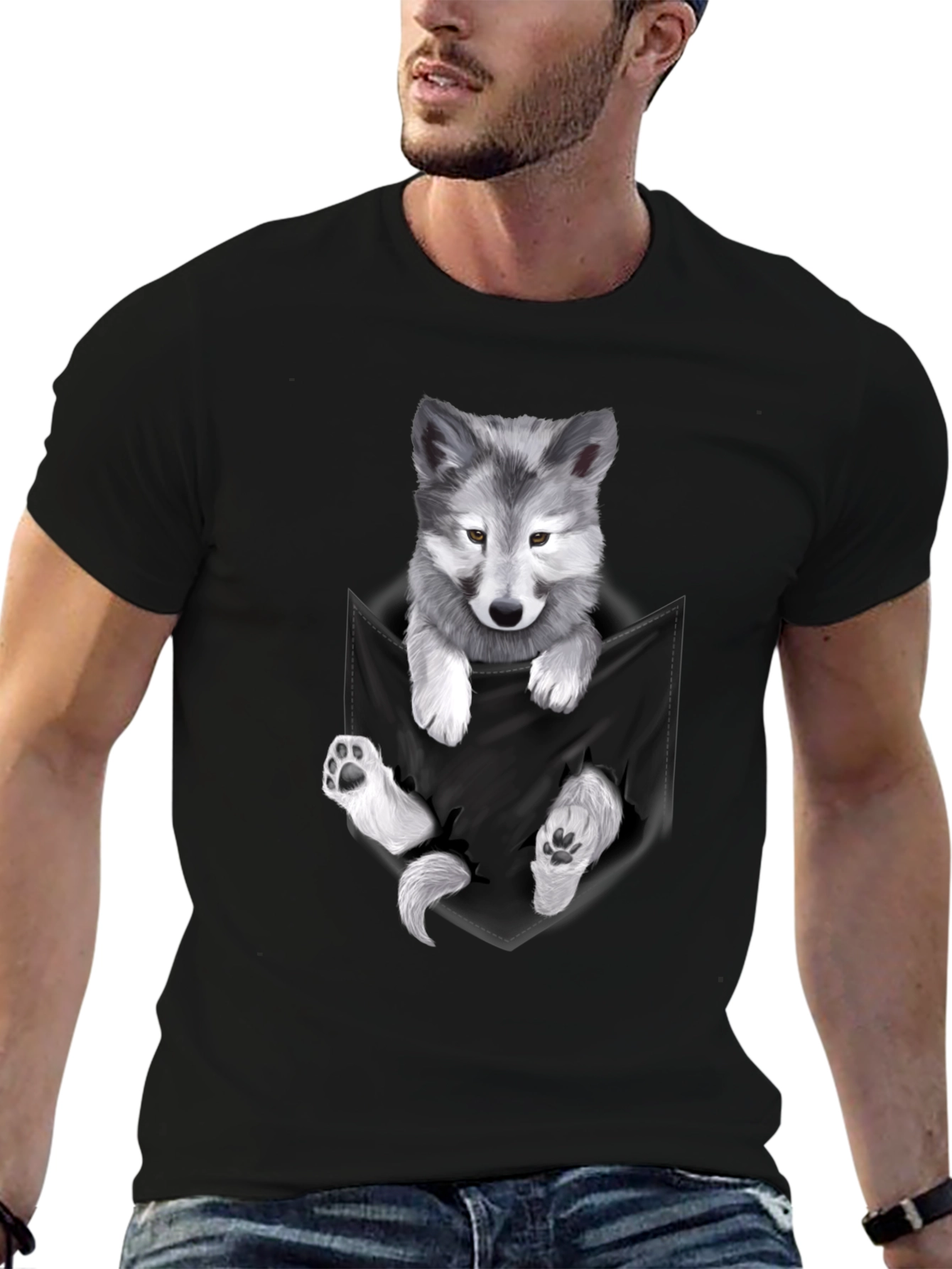 Wolf Pup Pocket Print T-Shirt - Black