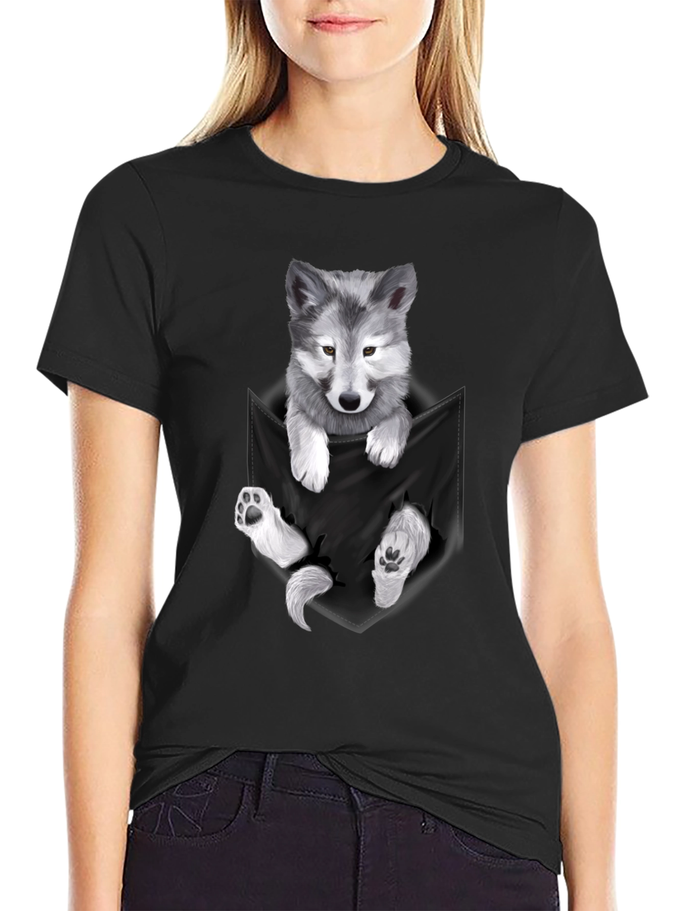 Wolf Pup Pocket Print T-Shirt - Black