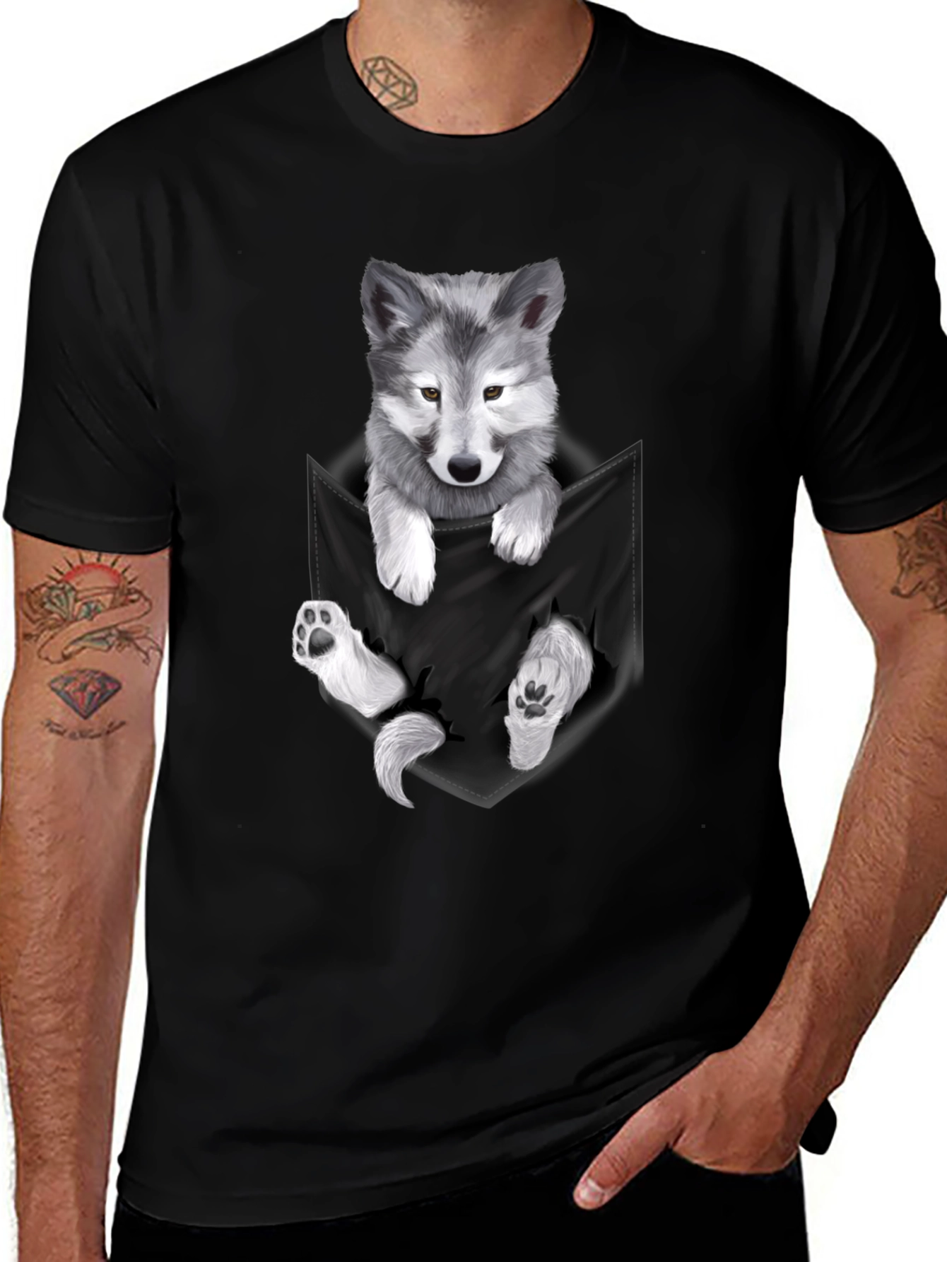 Wolf Pup Pocket Print T-Shirt - Black