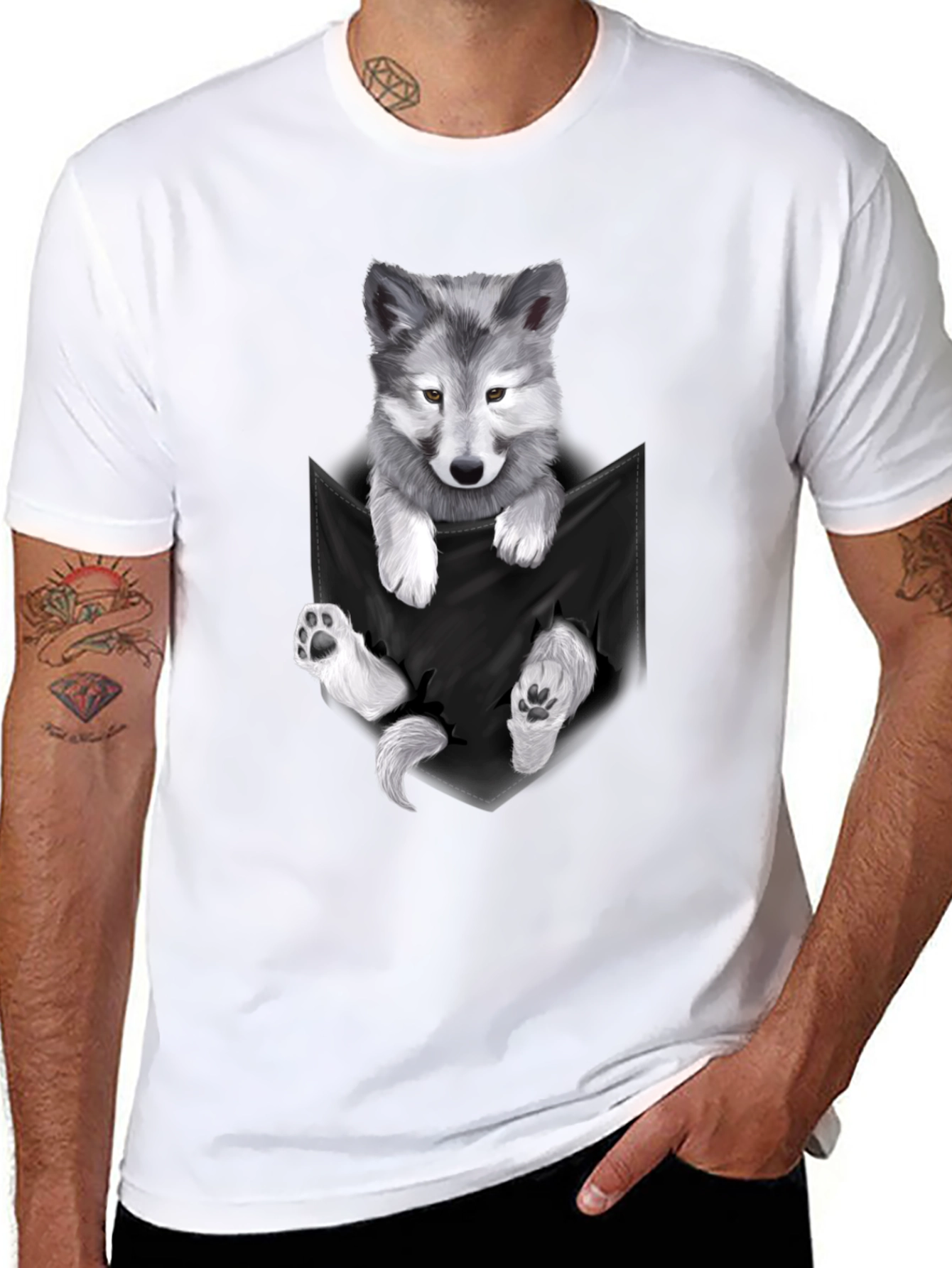 Wolf Pup Pocket Print T-Shirt - Black