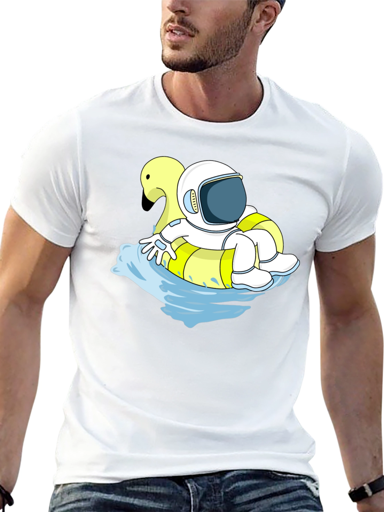 Camiseta Negra Astronauta Flotando con Cisne