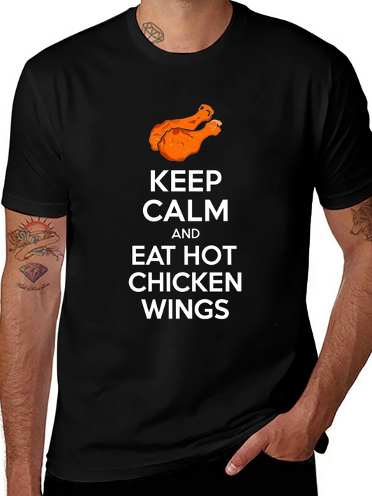 Camiseta Negra: Keep Calm & Eat Hot Chicken Wings