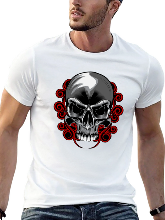 Camiseta Negra con Calavera y Adornos Rojos